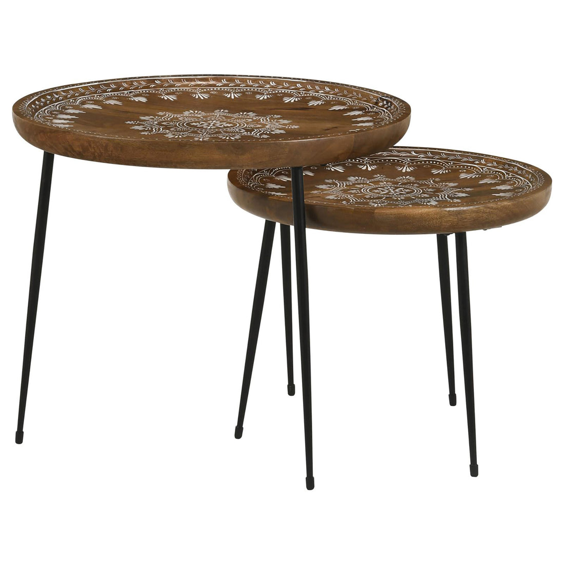 Honey And Black 2 Piece Nesting Table Brown Primary Living Space Mid Century Modern Mango Round Coffee & End Tables Wood