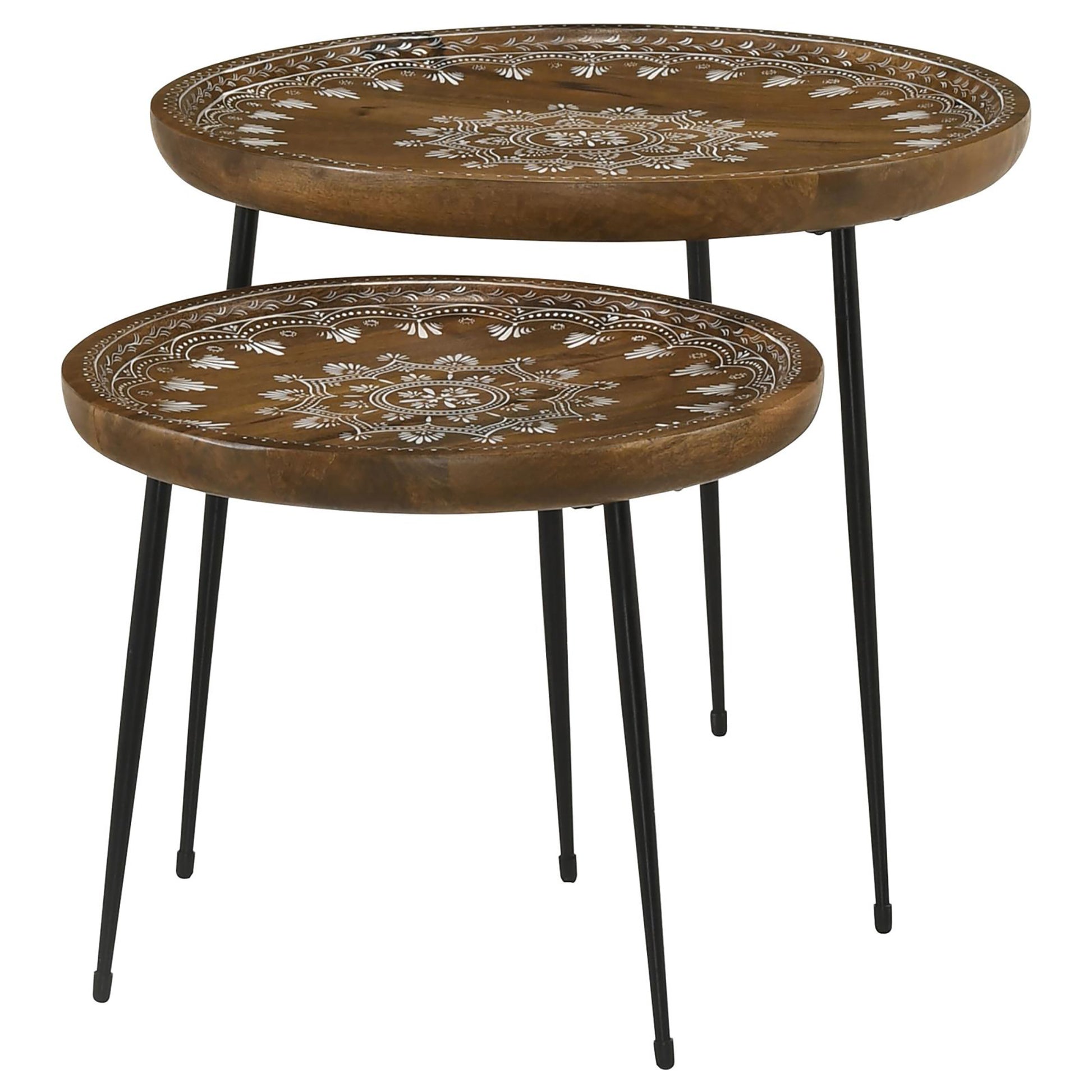 Honey And Black 2 Piece Nesting Table Brown Primary Living Space Mid Century Modern Mango Round Coffee & End Tables Wood