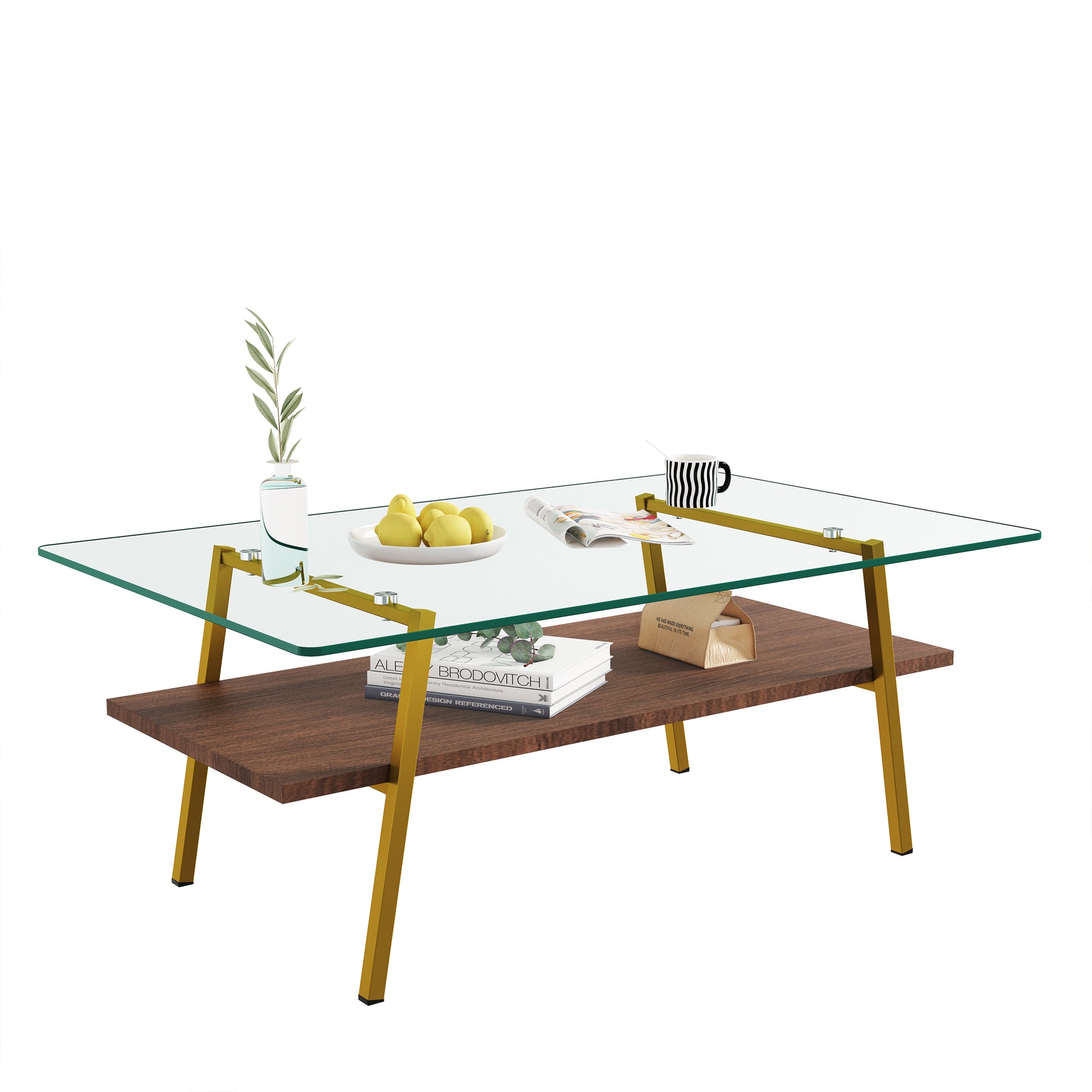 Rectangle Coffee Table, Tempered Glass Tabletop With Gold Metal Legs, Modern Table For Living Roomtransparent Glass Transparent Tempered Glass