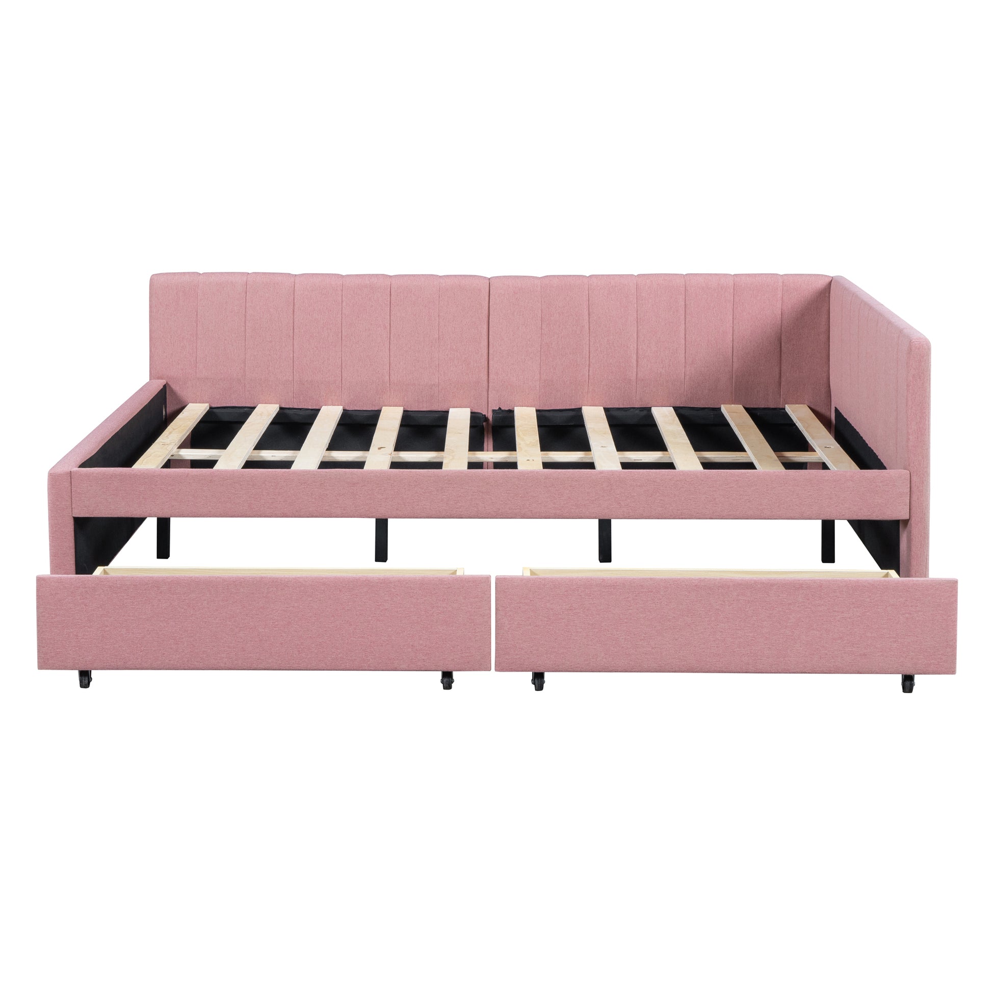 Full Size Upholstered Daybed With 2 Storage Drawers Sofa Bed Frame No Box Spring Needed, Linen Fabric Pink Full Pink Linen