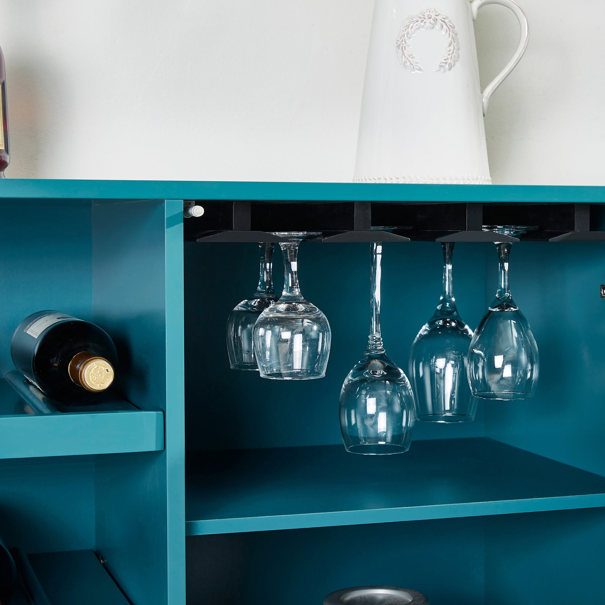 36" Sideboard Buffet Cabinet With Wine Storage Shelf, Storage Cabinet With Wine Glass Holder Organizer Teal Mdf