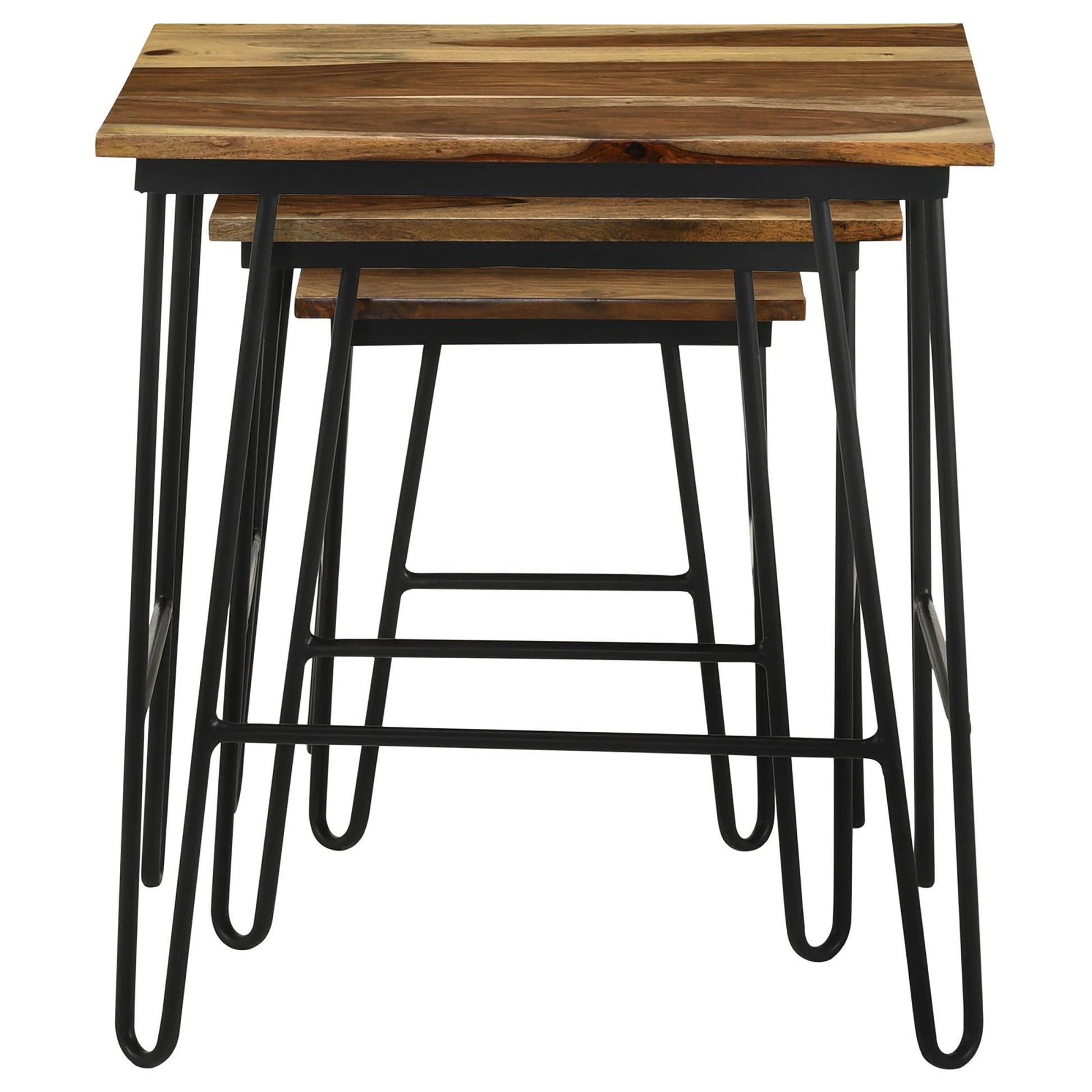 Natural And Black 3 Piece Nesting Table With Hairpin Legs Brown Primary Living Space Industrial Sheesham Rectangular Coffee & End Tables Wood Hairpin