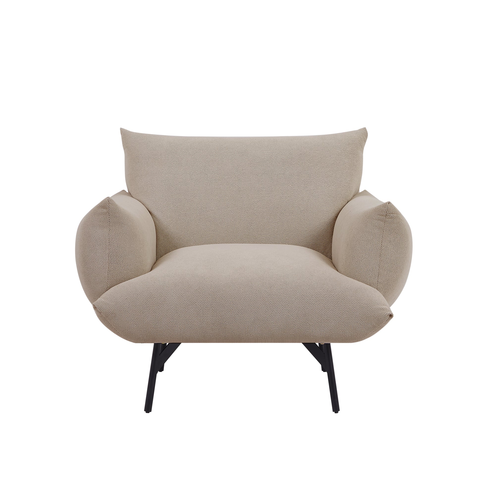 36" Modern Accent Upholstered Armchair, Beige Flannelette Fabric Reading Chair, Originality Of Shapes And Black Metal Legs Single Sofa For Bedroom, Apartment, Office, Lounge. Beige Foam Fabric
