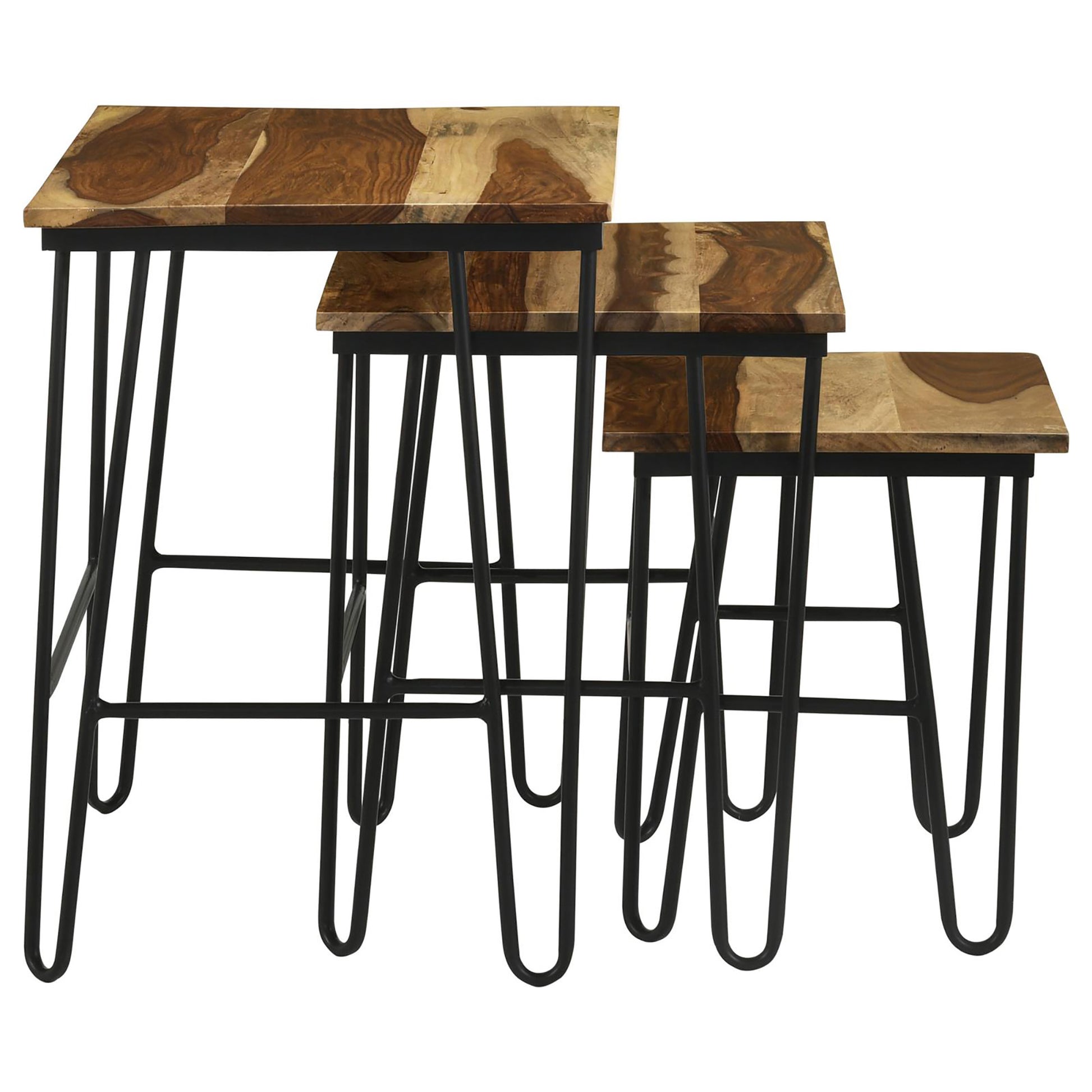 Natural And Black 3 Piece Nesting Table With Hairpin Legs Brown Primary Living Space Industrial Sheesham Rectangular Coffee & End Tables Wood Hairpin