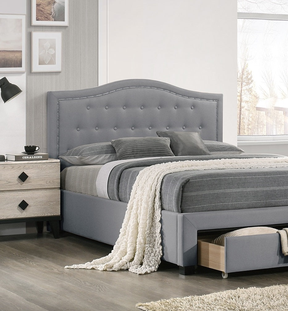Light Grey Burlap Fabric 1Pcs Queen Size Bed W Drawer Button Tufted Arch Design Headboard Storage Fb Bedframe Bedroom Furniture Box Spring Not Required Queen Light Grey Wood Bedroom American Design,Contemporary,Modern,Transitional Bed Frame Burlap
