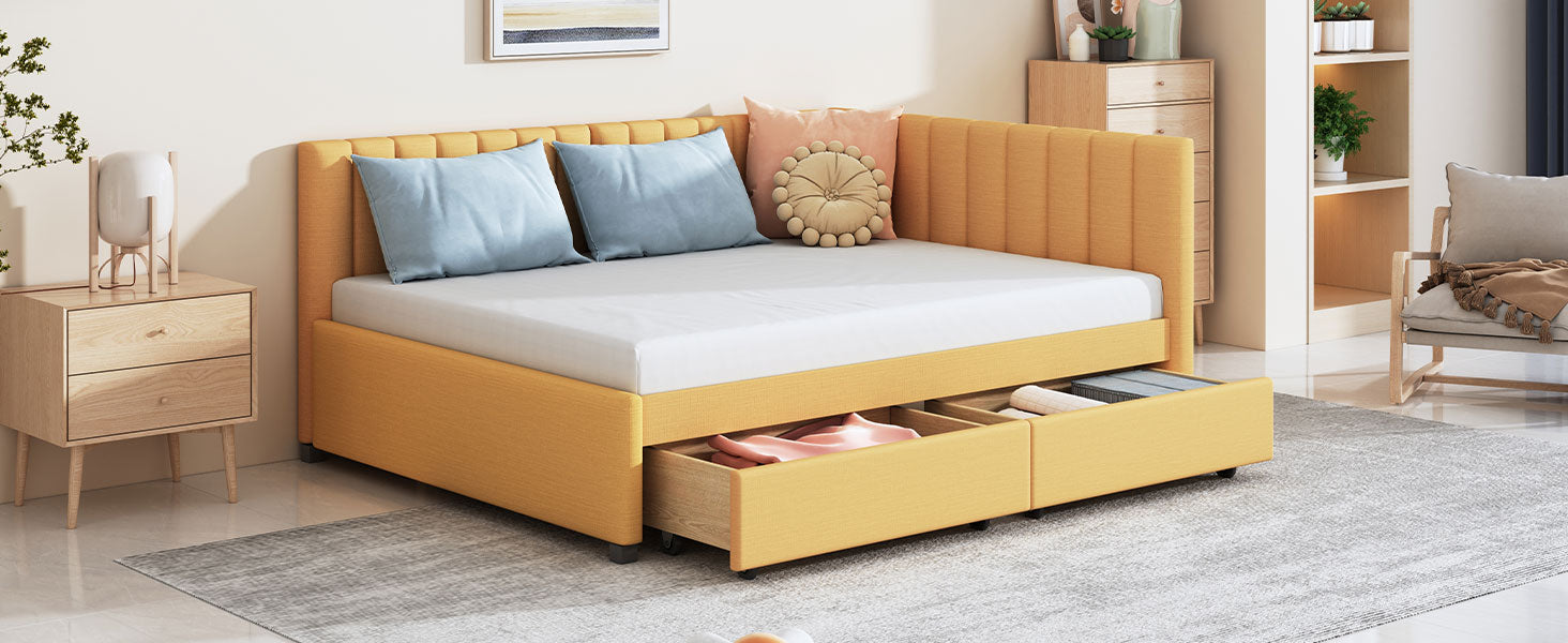 Full Size Upholstered Daybed With 2 Storage Drawers Sofa Bed Frame No Box Spring Needed, Linen Fabric Yellow Yellow Linen