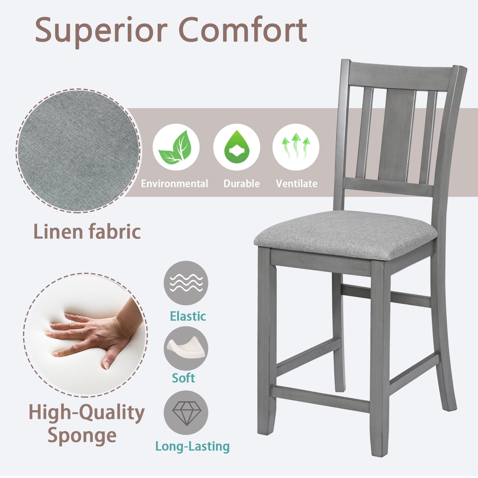 Dining Room Furniture Counter Height Chairs Set Of 4, Kitchen Chair With Padded Seatupholstered Side Chair For Dining Room, Living Room, Gray Wood Gray Solid Back Seats 4 Dining Room Rubberwood Rubber Wood
