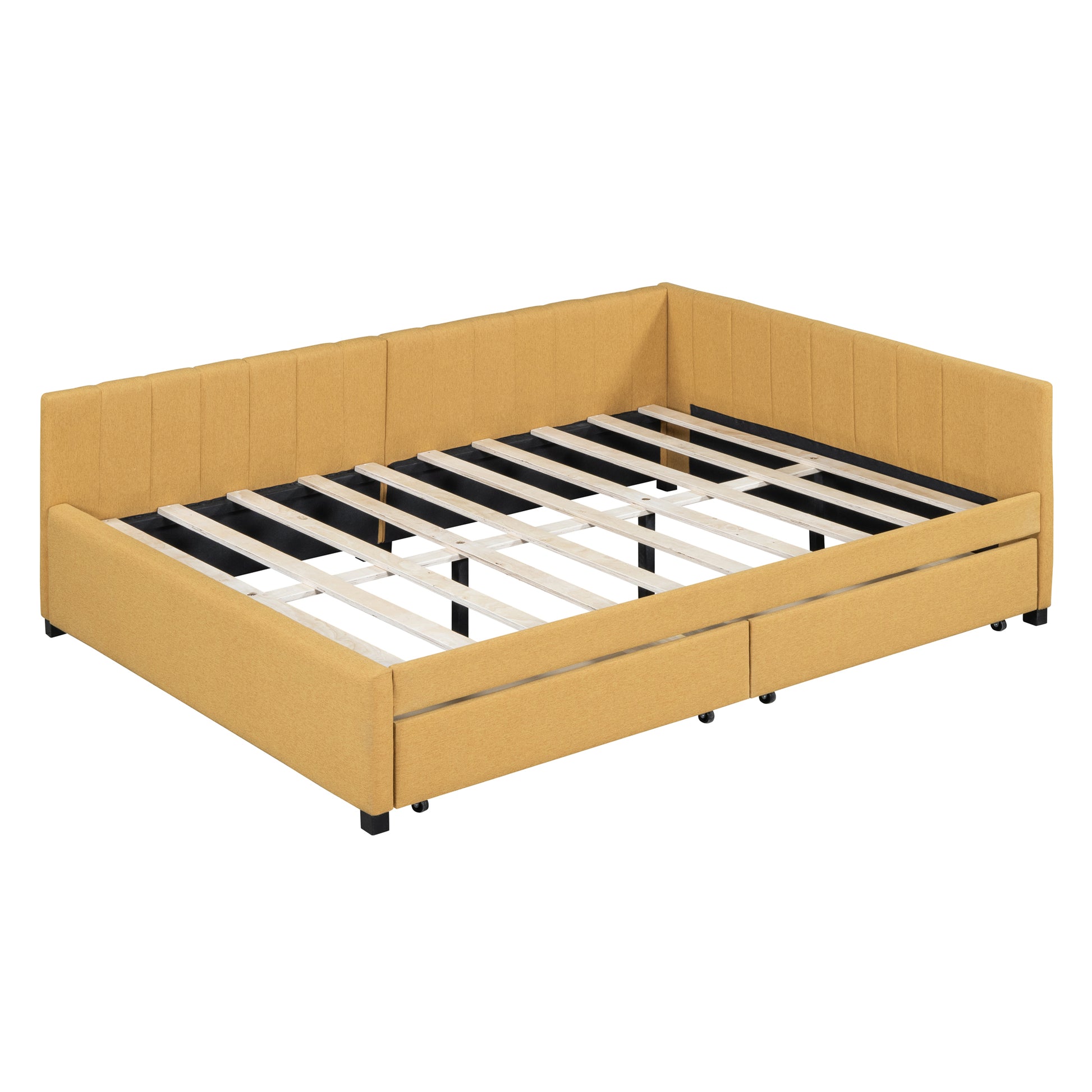 Full Size Upholstered Daybed With 2 Storage Drawers Sofa Bed Frame No Box Spring Needed, Linen Fabric Yellow Yellow Linen