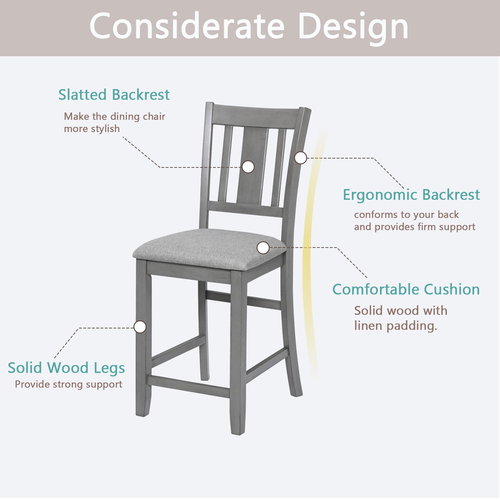 Dining Room Furniture Counter Height Chairs Set Of 4, Kitchen Chair With Padded Seatupholstered Side Chair For Dining Room, Living Room, Gray Wood Gray Solid Back Seats 4 Dining Room Rubberwood Rubber Wood