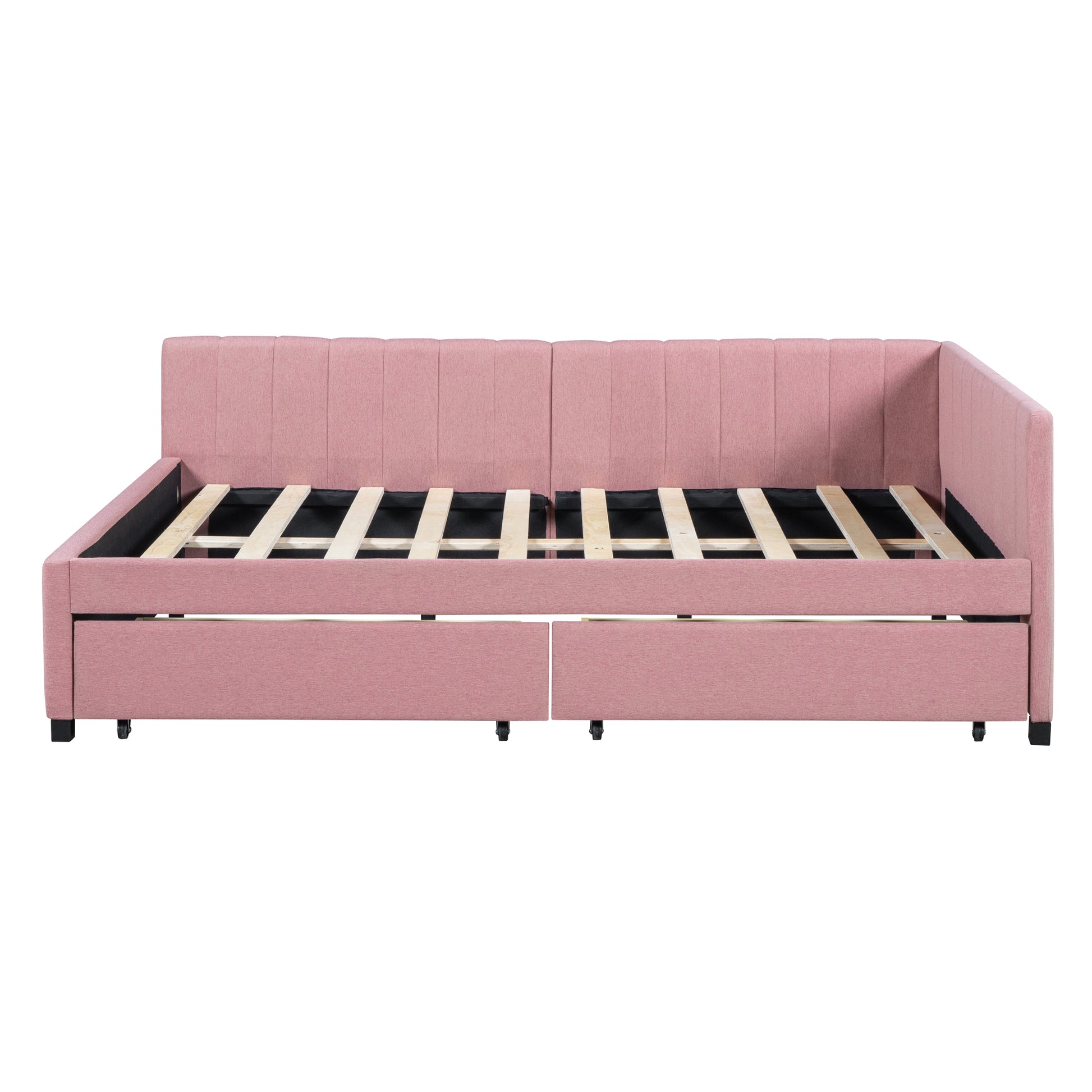 Full Size Upholstered Daybed With 2 Storage Drawers Sofa Bed Frame No Box Spring Needed, Linen Fabric Pink Full Pink Linen