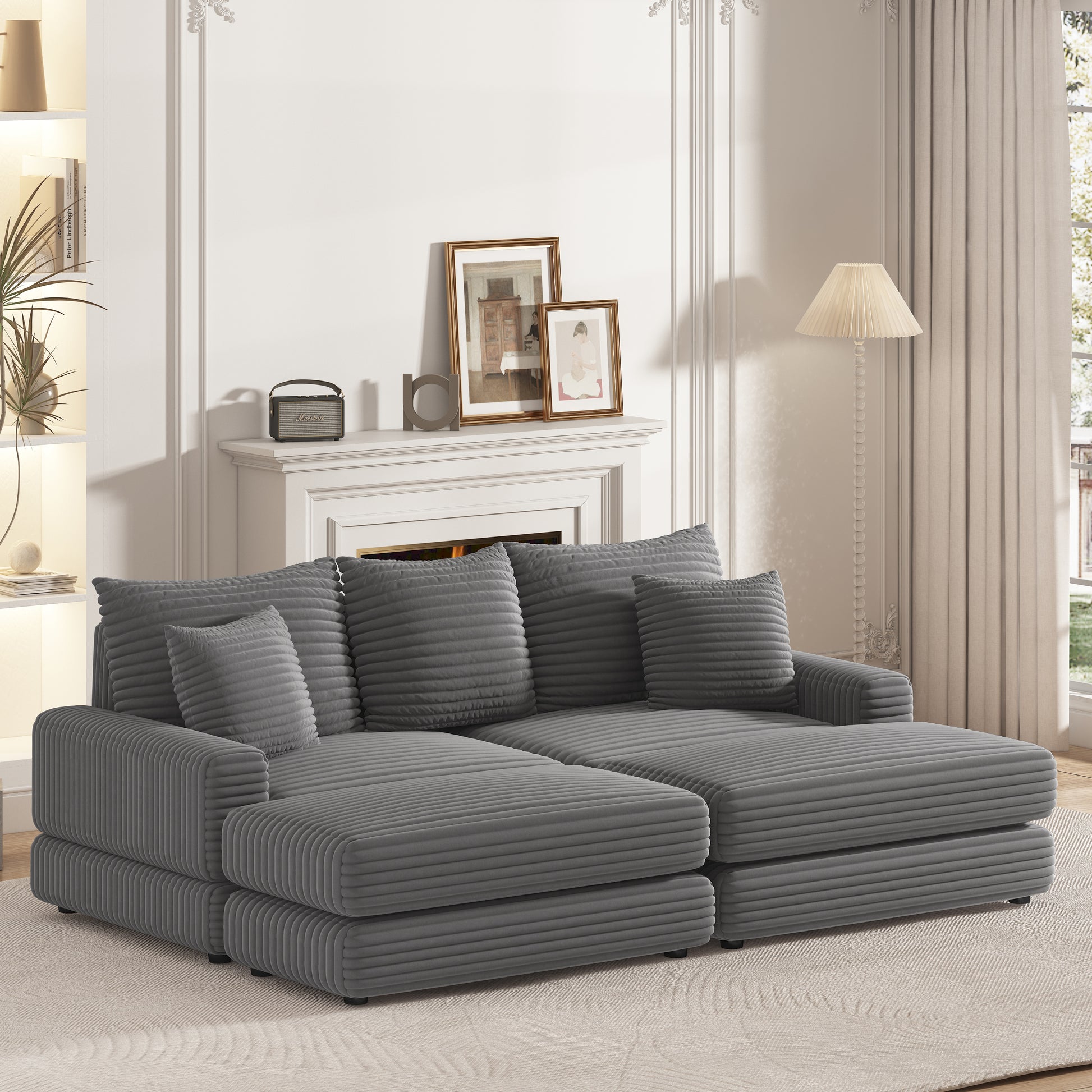 86.6 Inch Corduroy 3 Seater Sofa With 3 Back Pillows2 Toss Pillows And Two Ottoman ,Comfy Sofa Deep Seat Couch For Living Room Grey Corduroy
