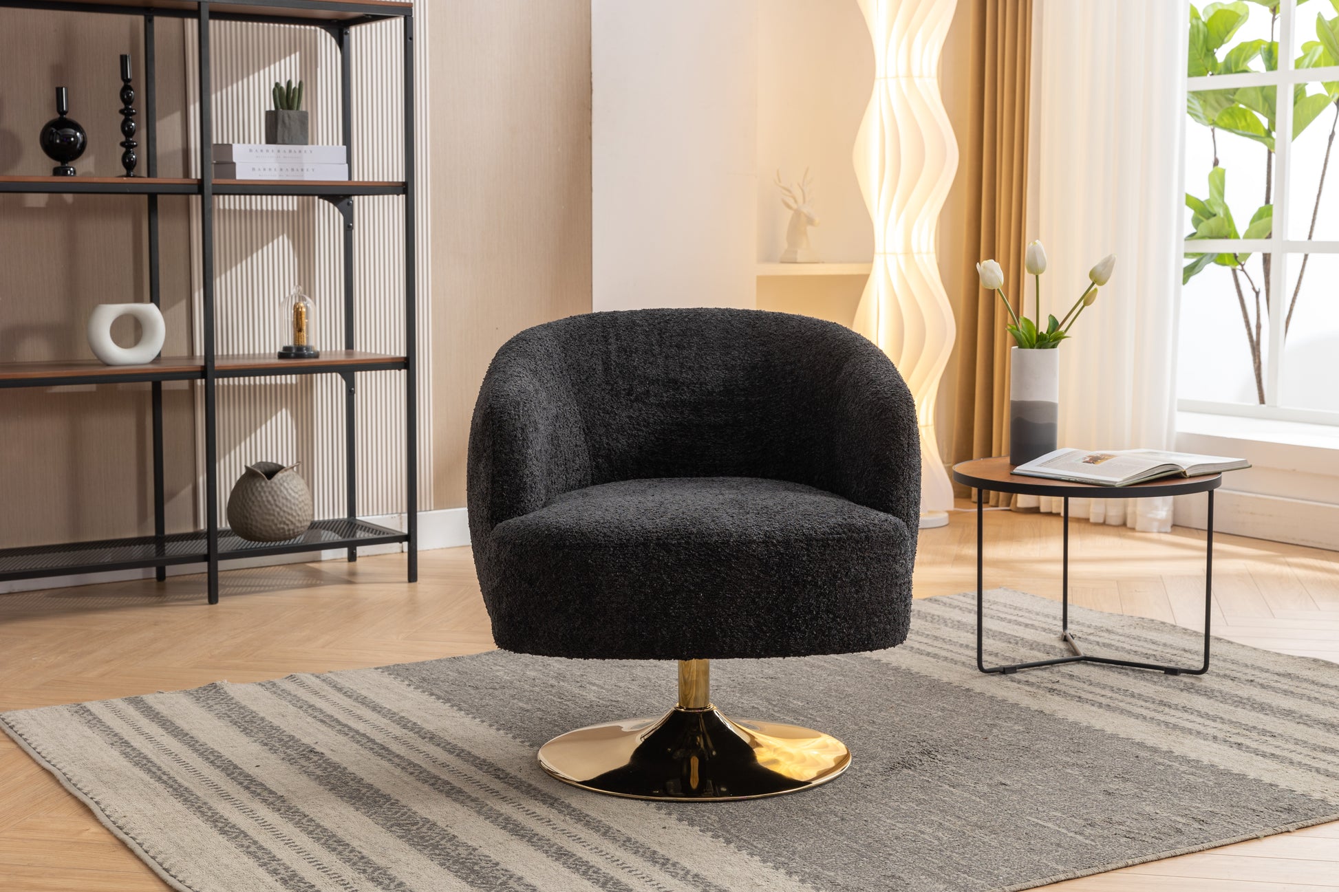 048 Chenille Fabric Accent Swivel Chair With Gold Metal Round Base,Black Black White Primary Living Space Modern Eucalyptus Foam Chenille