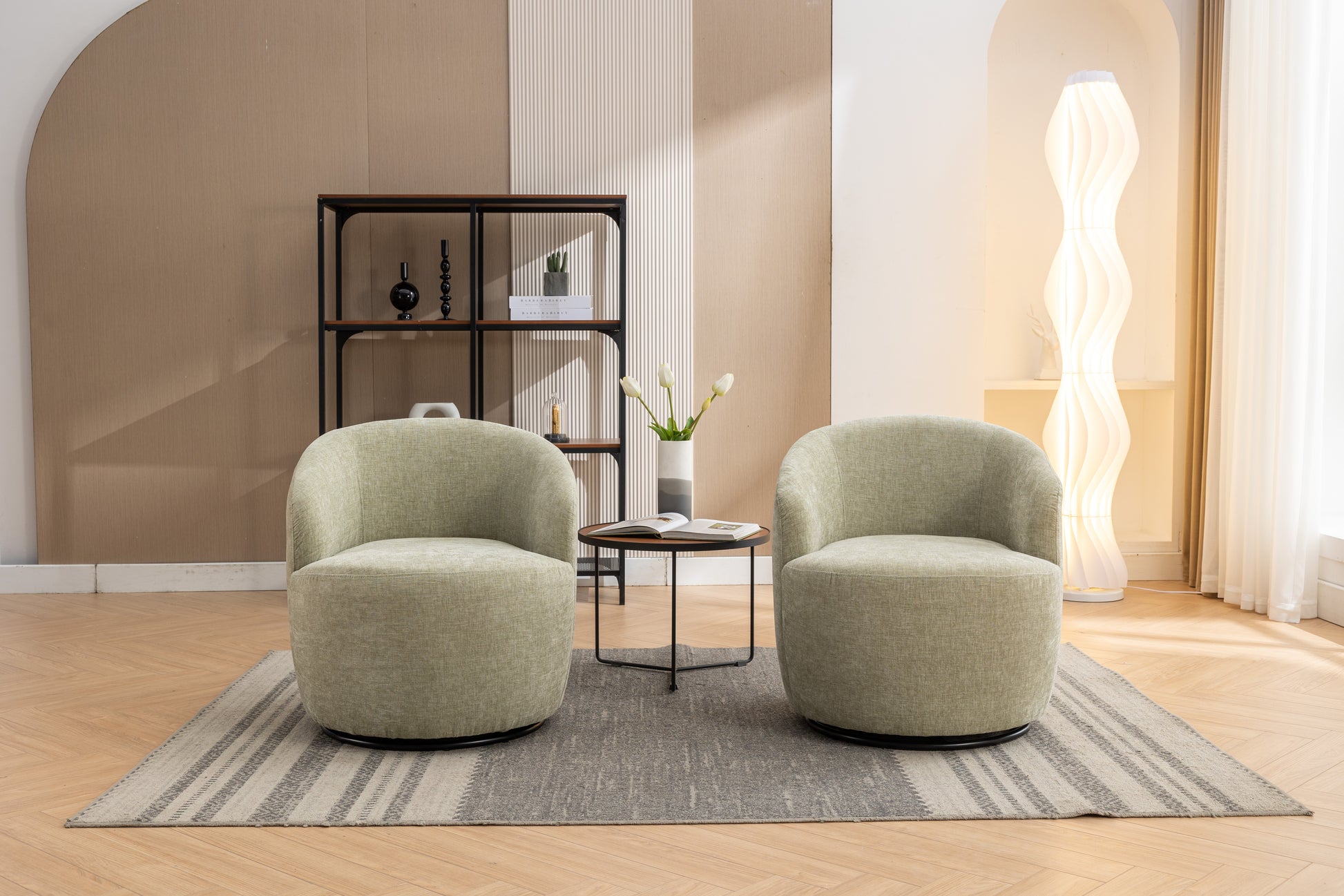 037 Chenille Fabric Swivel Accent Armchair Barrel Chair With Black Powder Coating Metal Ring,Light Green Light Green Primary Living Space Modern Eucalyptus Foam Chenille