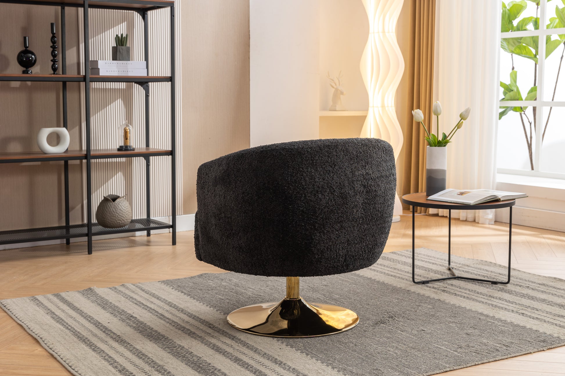 048 Chenille Fabric Accent Swivel Chair With Gold Metal Round Base,Black Black White Primary Living Space Modern Eucalyptus Foam Chenille