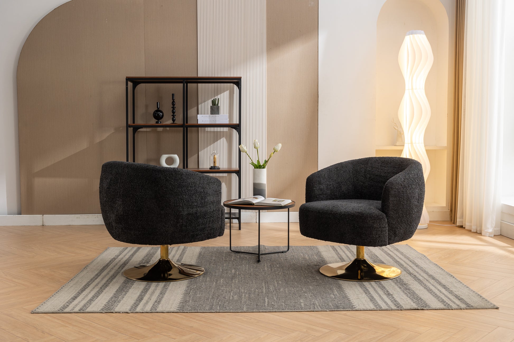 048 Chenille Fabric Accent Swivel Chair With Gold Metal Round Base,Black Black White Primary Living Space Modern Eucalyptus Foam Chenille