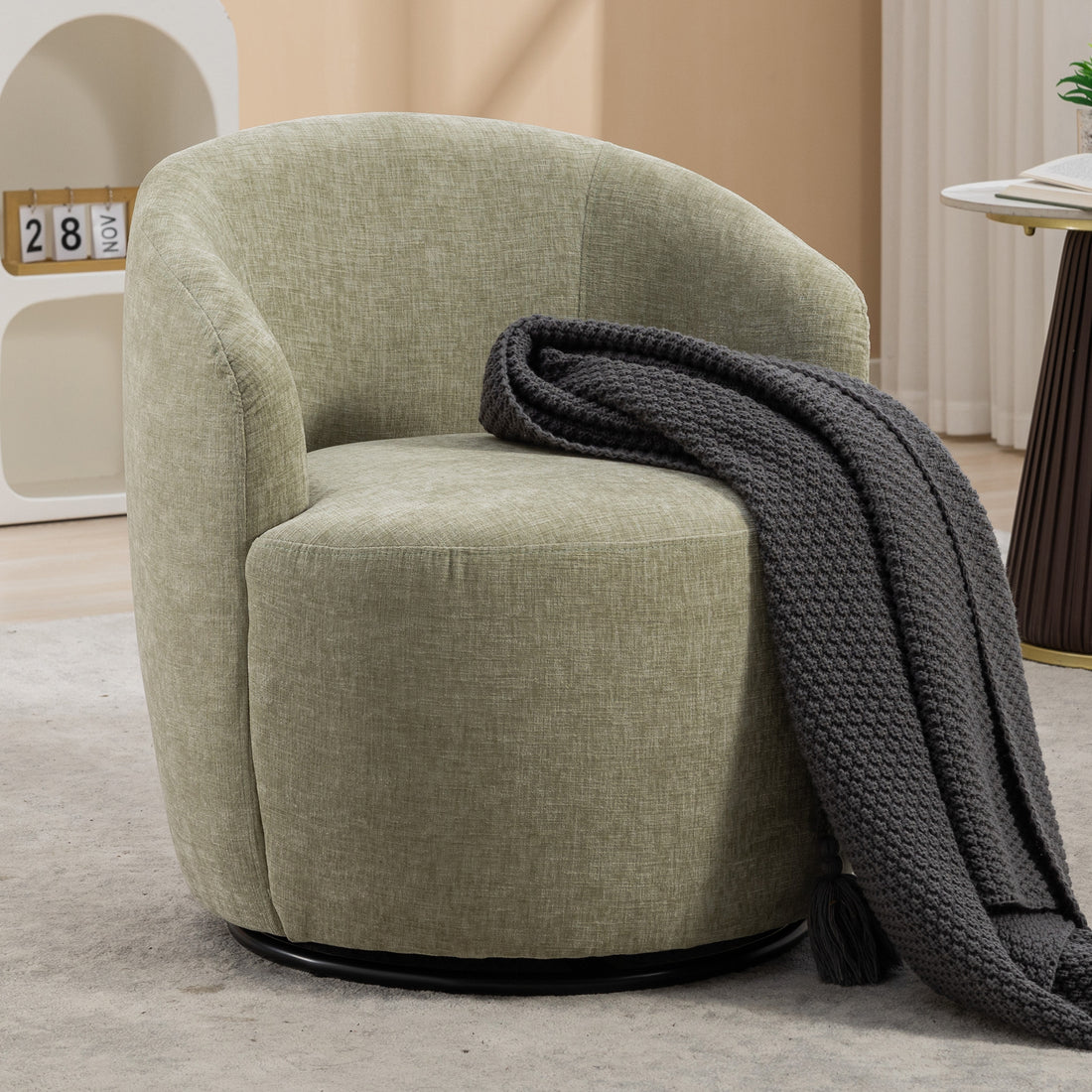 037 Chenille Fabric Swivel Accent Armchair Barrel Chair With Black Powder Coating Metal Ring,Light Green Light Green Primary Living Space Modern Eucalyptus Foam Chenille