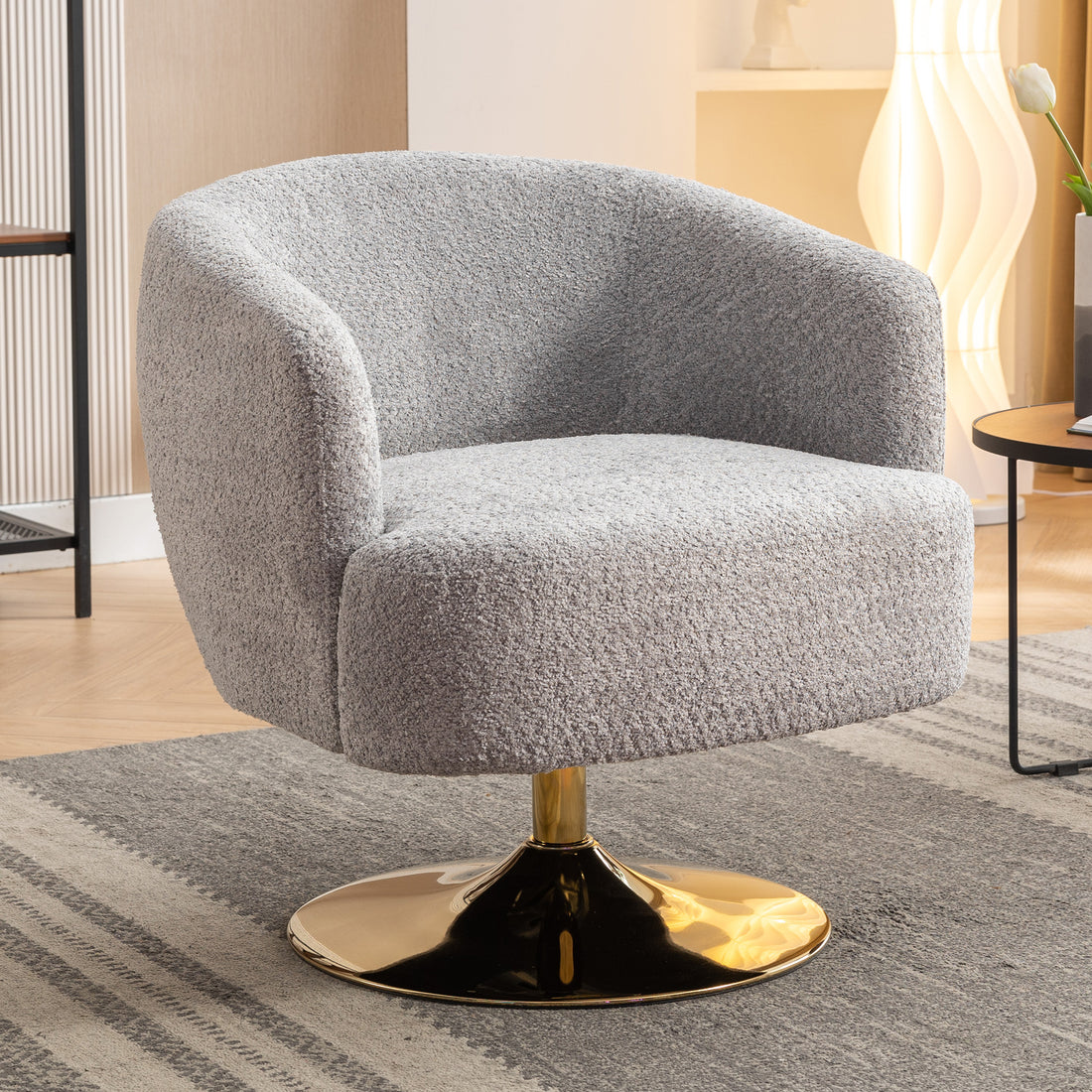 048 Chenille Fabric Accent Swivel Chair With Gold Metal Round Base,Light Gray Light Gray White Primary Living Space Modern Eucalyptus Foam Chenille