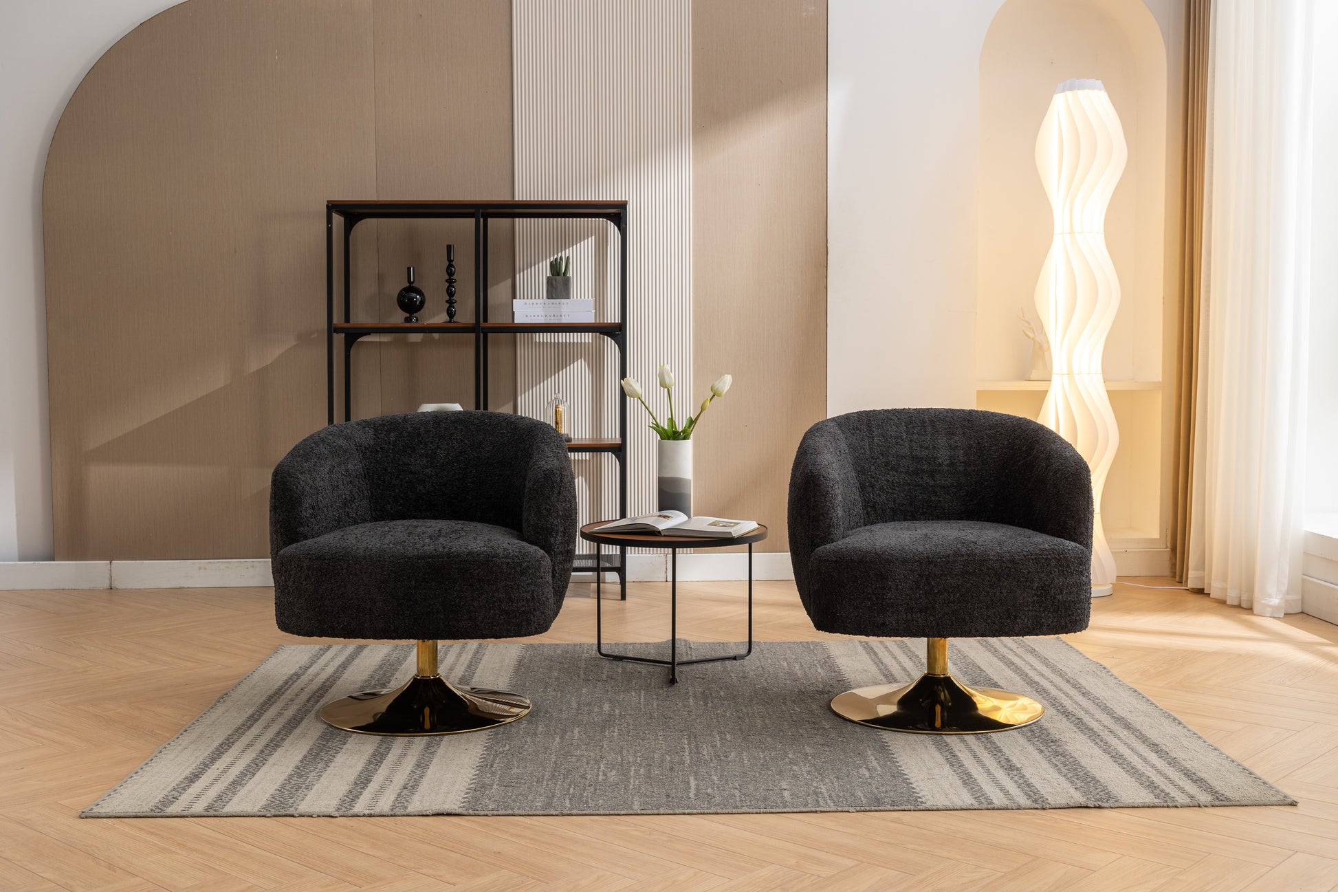 048 Chenille Fabric Accent Swivel Chair With Gold Metal Round Base,Black Black White Primary Living Space Modern Eucalyptus Foam Chenille