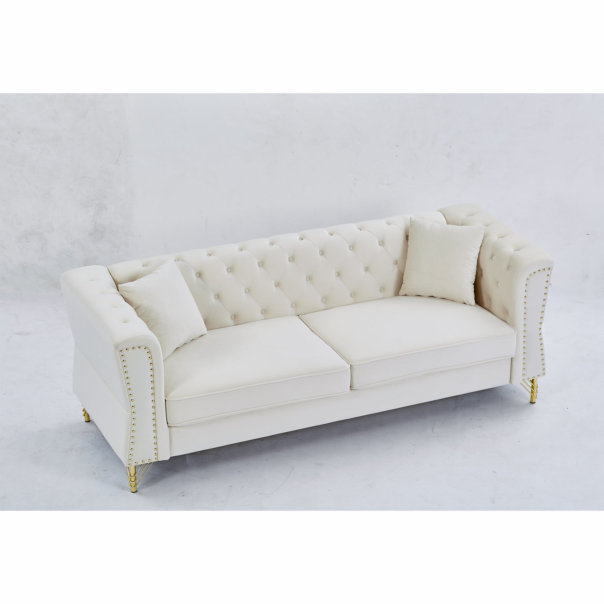 3 Seater 2 Seater Combination Sofa Tufted Couch With Rolled Arms And For Living Room, Bedroom, Office, Apartment, Four Pillows Beige Foam Velvet