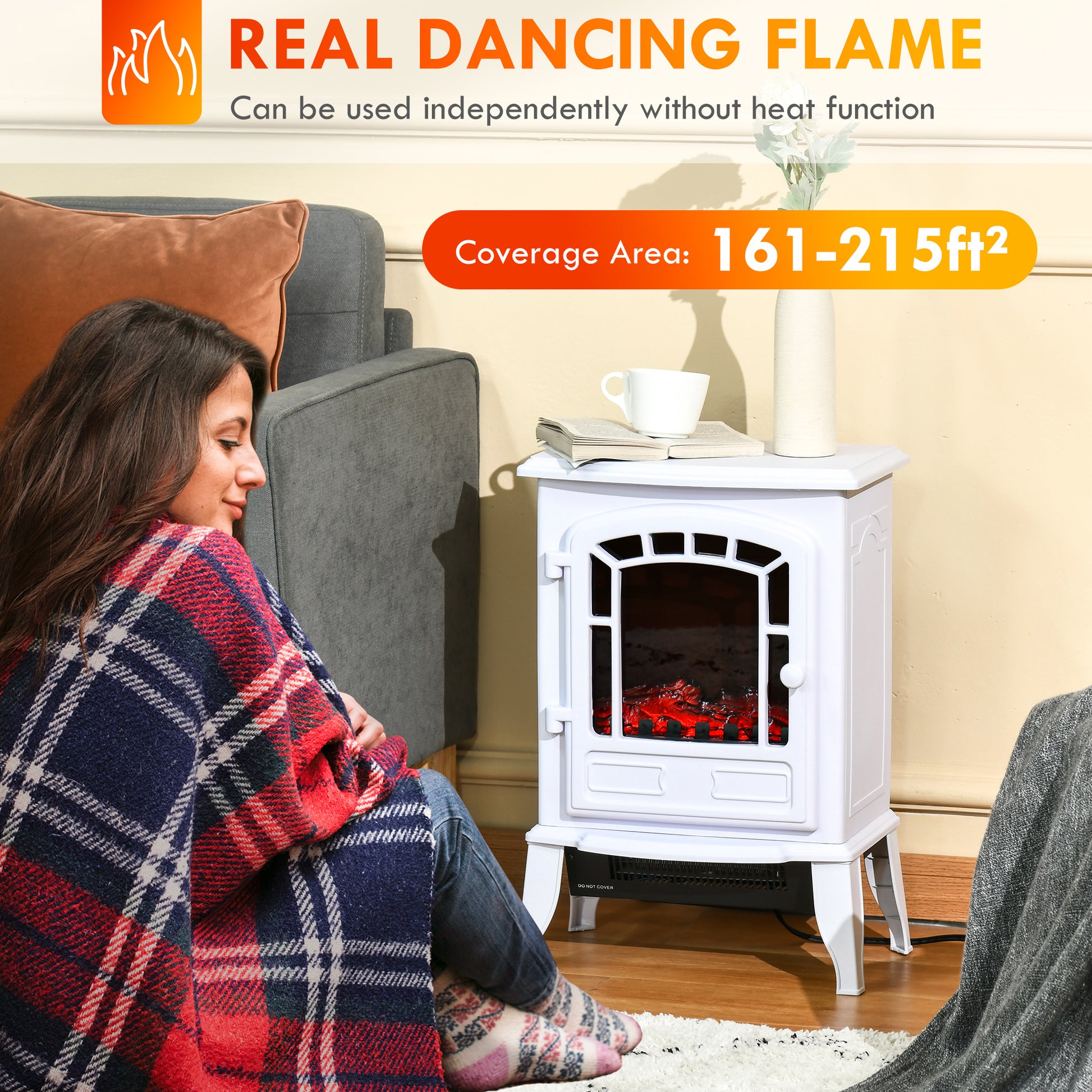 Homcom 22" Free Standing Electric Fireplace Stove, Fire Place Heater With Realistic Flame Effect, Overheat Safety Protection, 750W 1500W, White White Abs