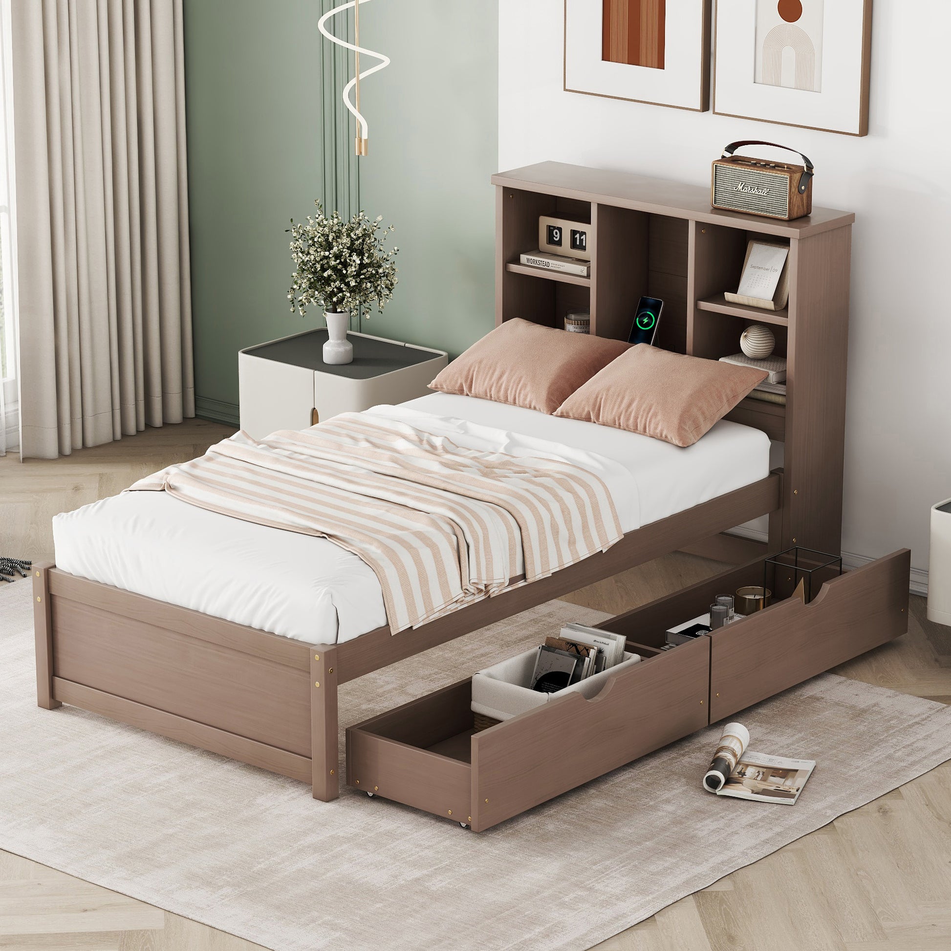 Modern Twin Size Bed Frame With Built In Usb Port On Bookcase Headboard And 2 Drawers For Walnut Color Box Spring Not Required Twin Walnut Bedroom Bed Frame Particle Board