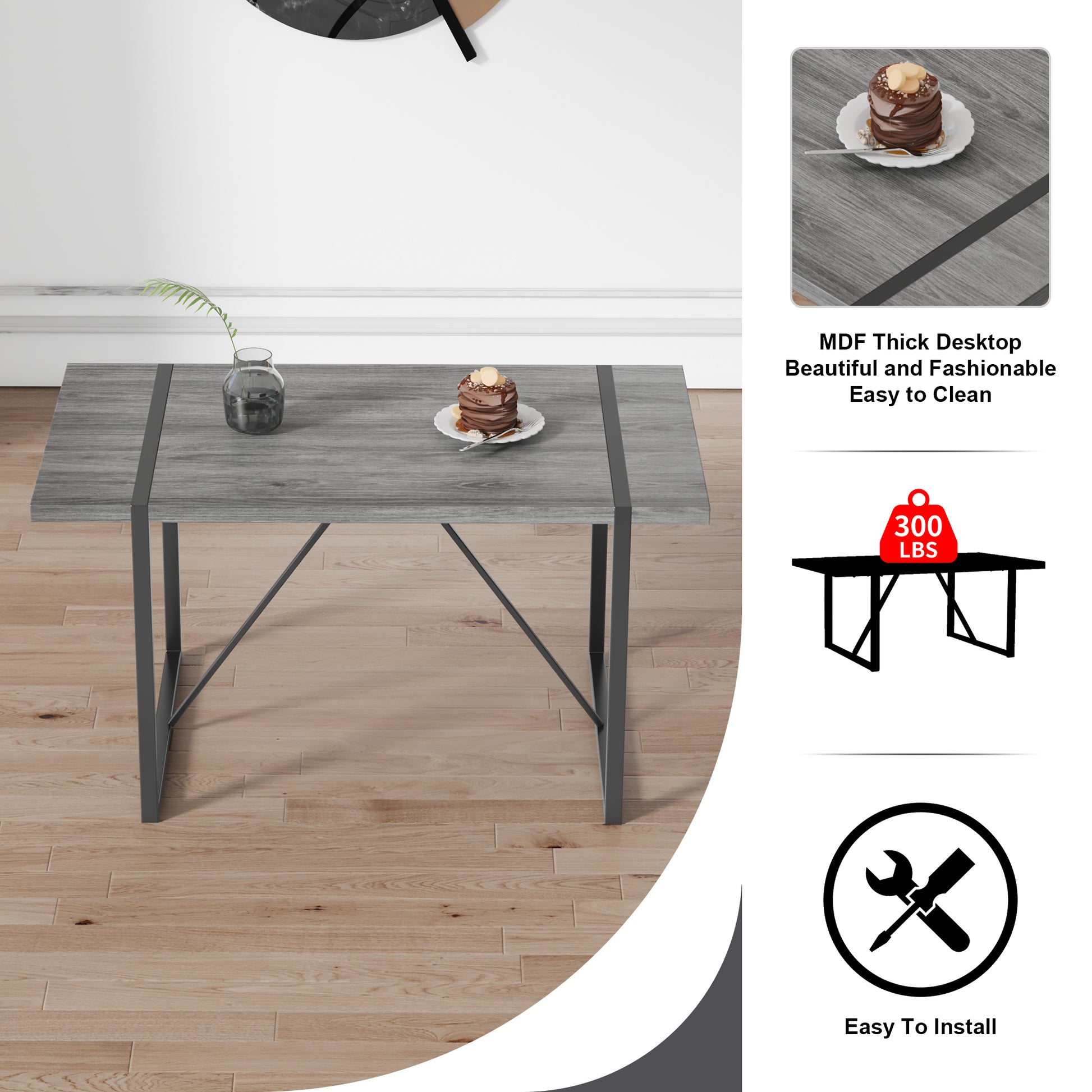 Industrial Rectangular Mdf Material Gray Dining Table With Texture, Equipped With A 1.57 Inch Thick Tabletop And Black Metal Legs, Used For Writing Desks, Kitchen Terraces, Dining Rooms 1529 Grey Mdf