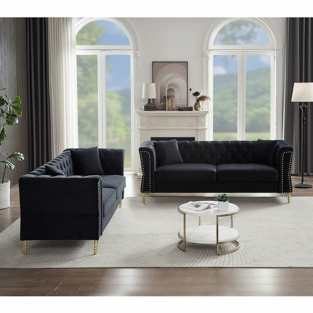 3 Seater 3 Seater Combination Sofa Tufted Couch With Rolled Arms And For Living Room, Bedroom, Office, Apartment, Four Pillows Black Foam Velvet