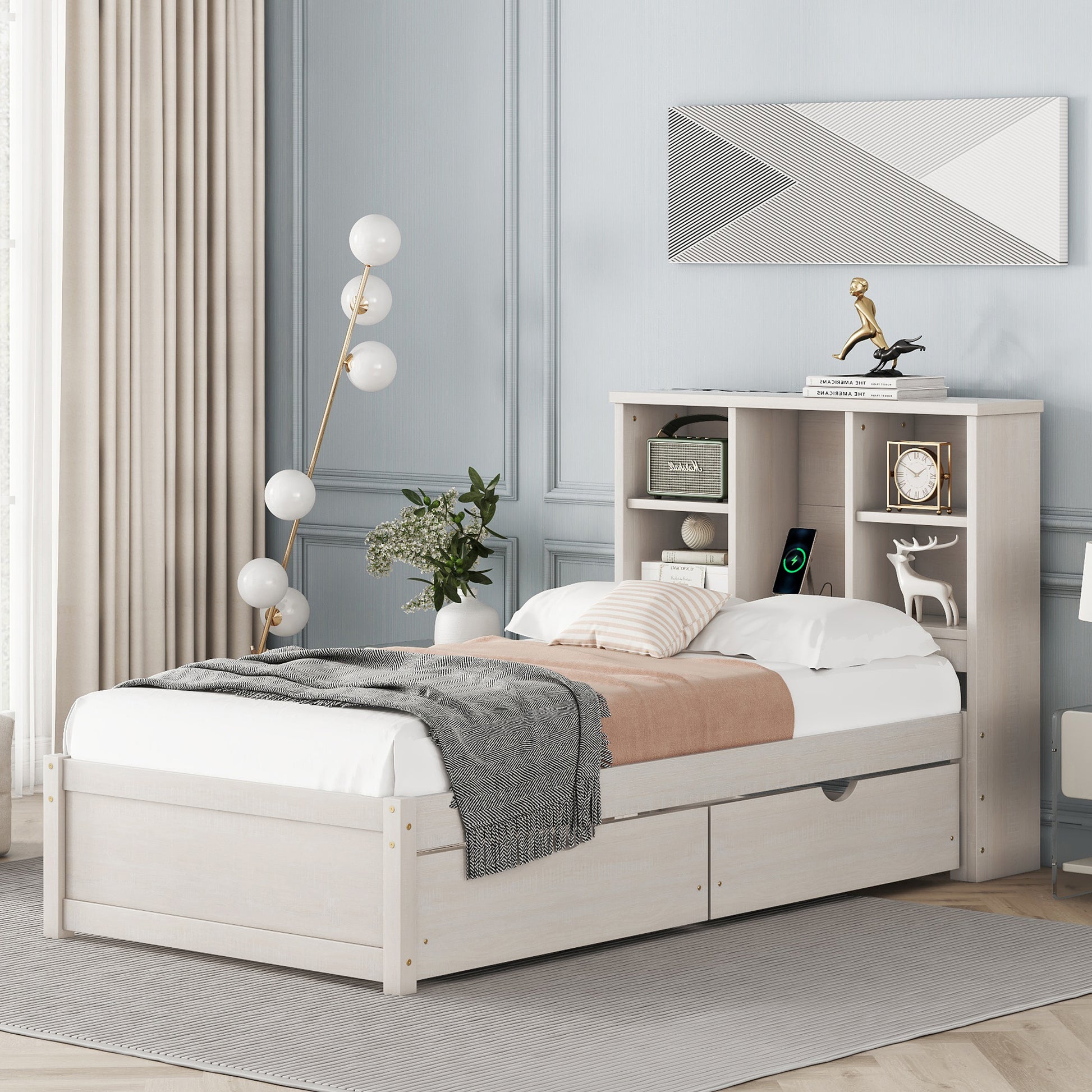 Modern Twin Size Bed Frame With Built In Usb Port On Bookcase Headboard And 2 Drawers For White Washed Color Box Spring Not Required Twin White Washed Bedroom Bed Frame Particle Board