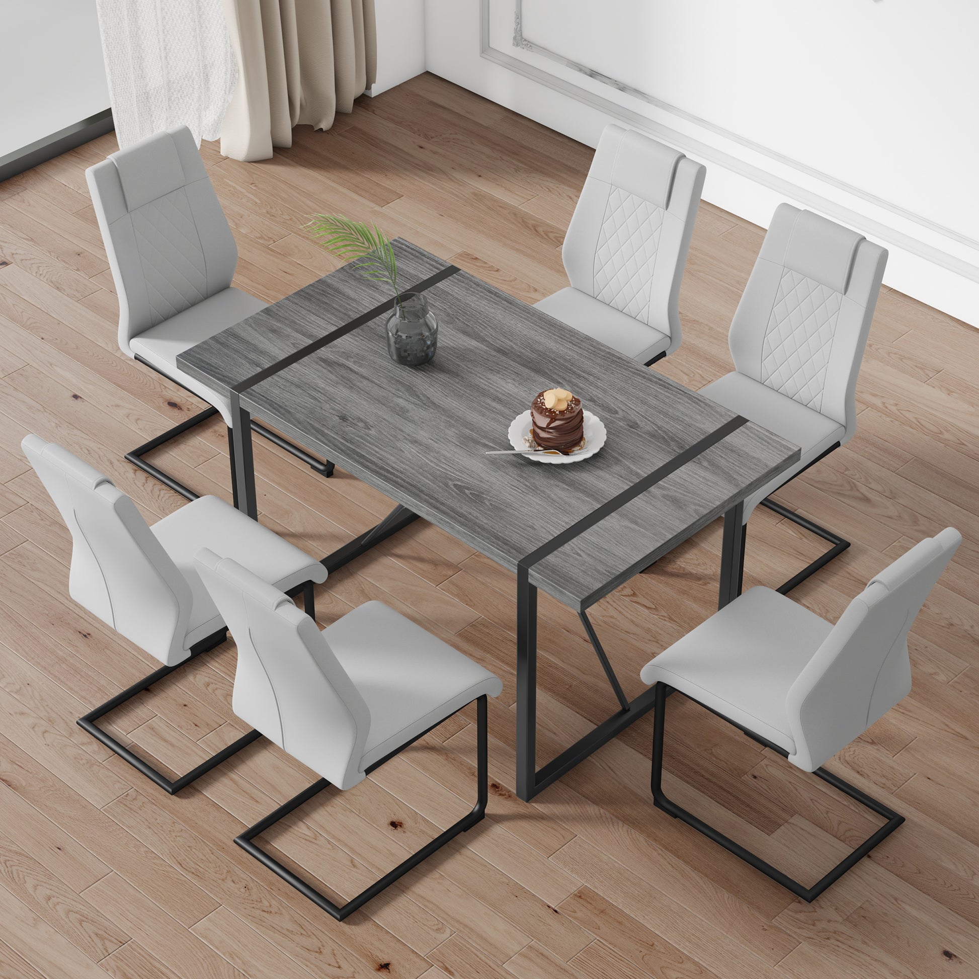 Industrial Rectangular Mdf Material Gray Dining Table With Texture, Equipped With A 1.57 Inch Thick Tabletop And Black Metal Legs, Used For Writing Desks, Kitchen Terraces, Dining Rooms 1529 Grey Mdf