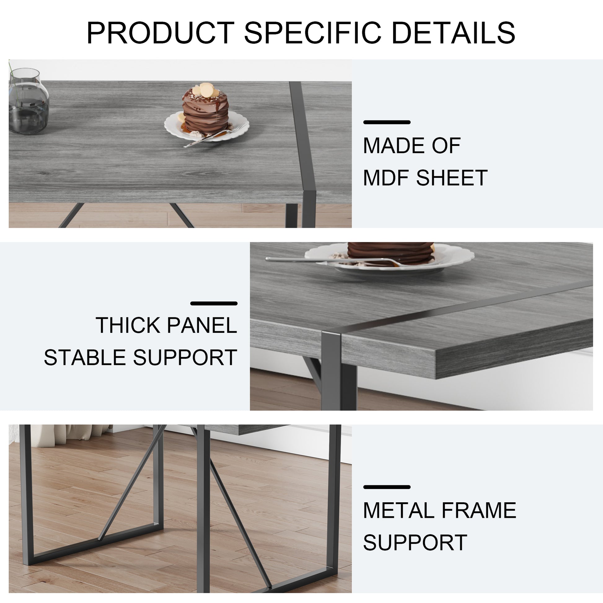 Industrial Rectangular Mdf Material Gray Dining Table With Texture, Equipped With A 1.57 Inch Thick Tabletop And Black Metal Legs, Used For Writing Desks, Kitchen Terraces, Dining Rooms 1529 Grey Mdf