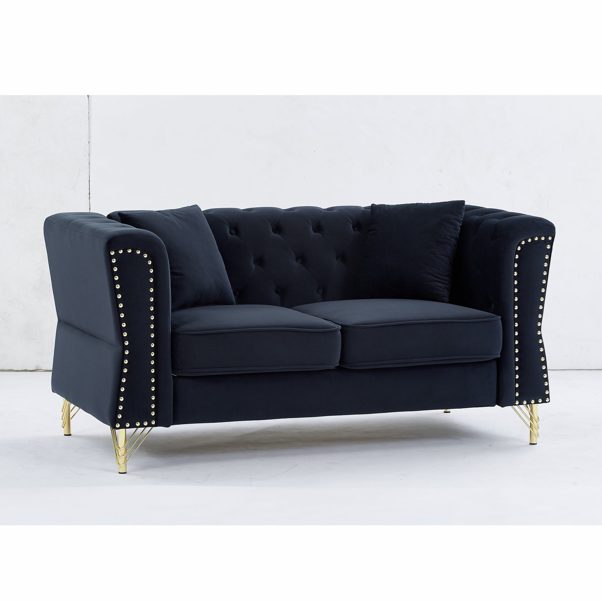 81.8" Chesterfield Sofa Grey Velvet For Living Room, 3 Seater Sofa Tufted Couch With Metal Foot And For Living Room, Bedroom, Office, Apartment, Two Pillows Black Foam Velvet
