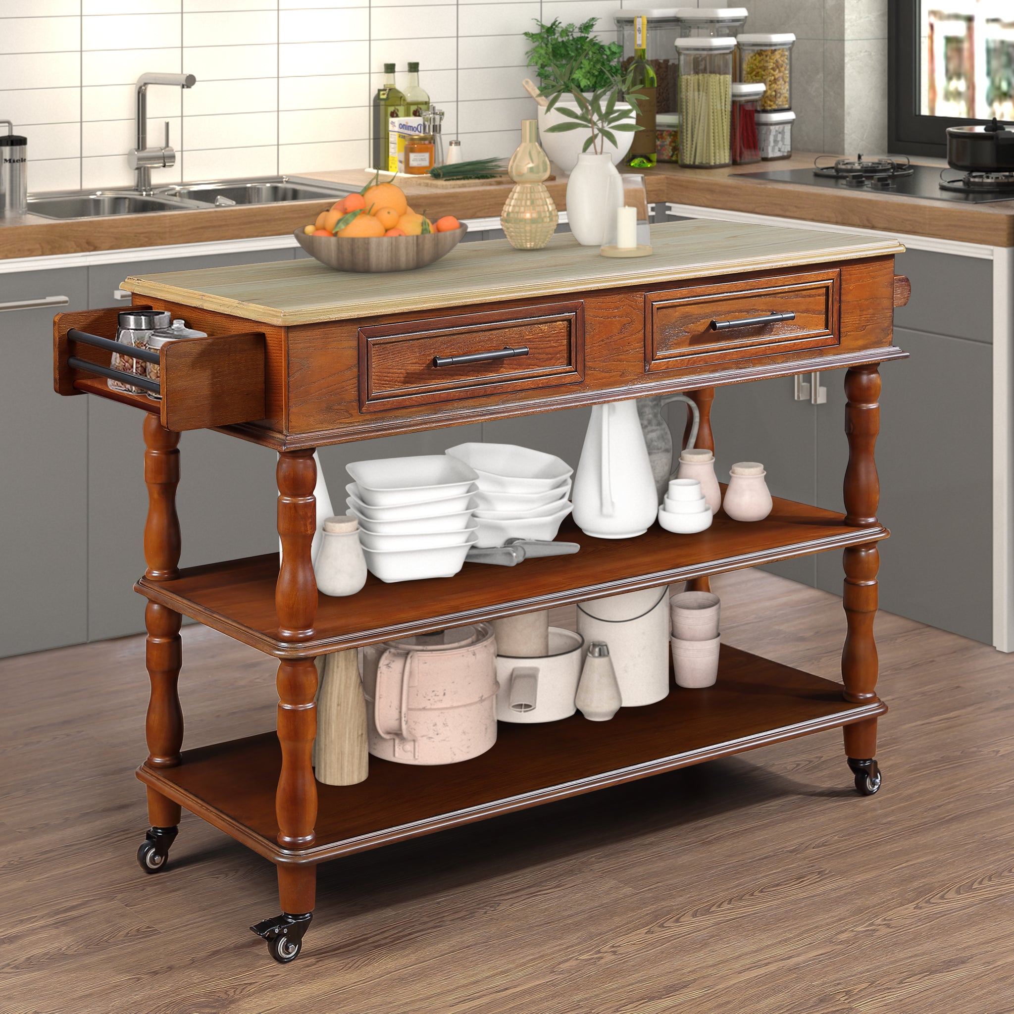 56 Inch Rolling Kitchen Island With Storage,Kitchen Cart With Solid Oak Wood Top,Two Sided Kitchen Island Cart On Wheelswine And Spice Rack, Large Kitchen Cart With 2 Drawers, Walnut Natural Top Walnut Dining Room American Design,Antique Kitchen Carts