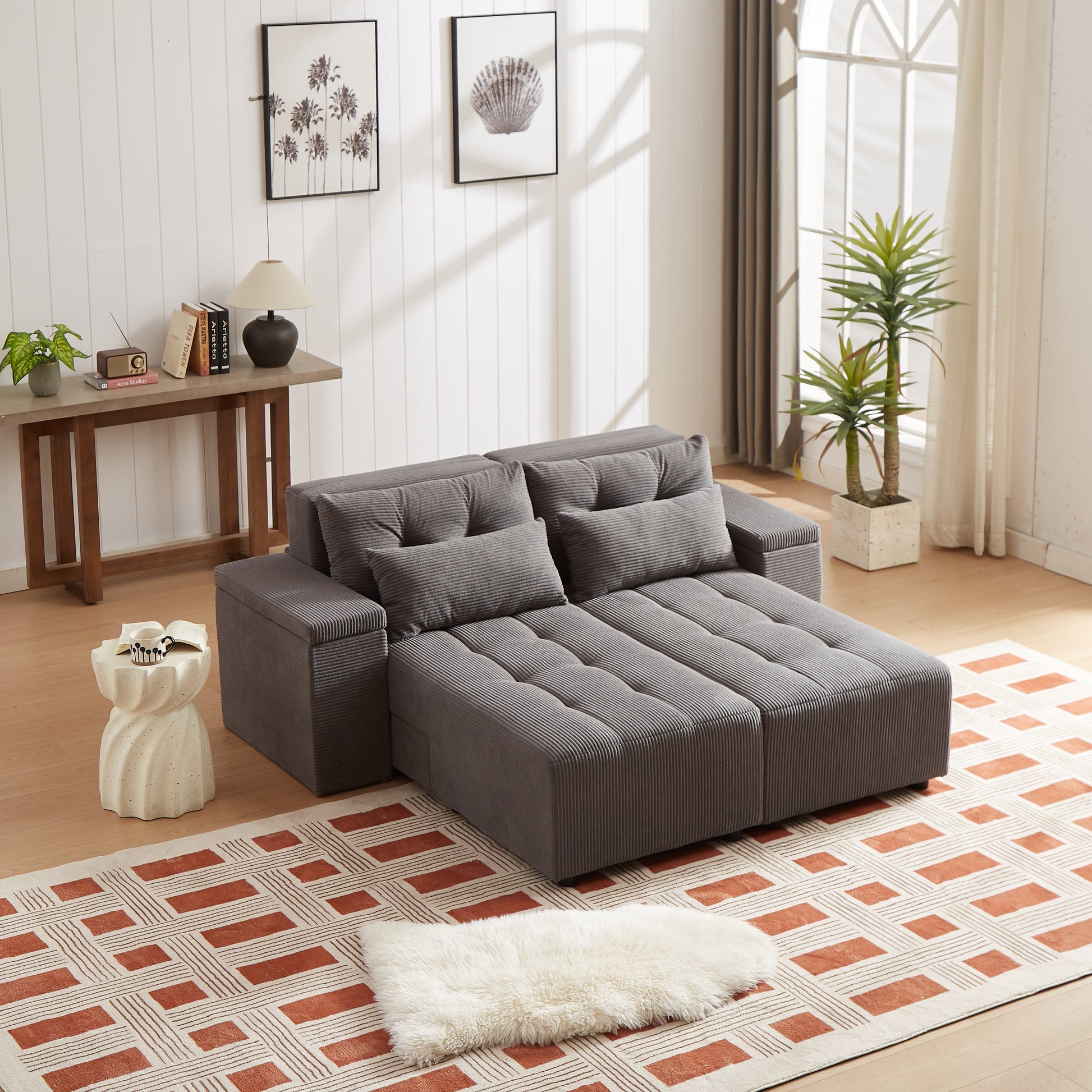 Convertible 3 In 1 Sleeper Sofa And Sectional Sofa With 4 Storage Space For Living Room,Corduroy Couch With 4 Pillows,Corduroy Grey Corduroy 3 Seat