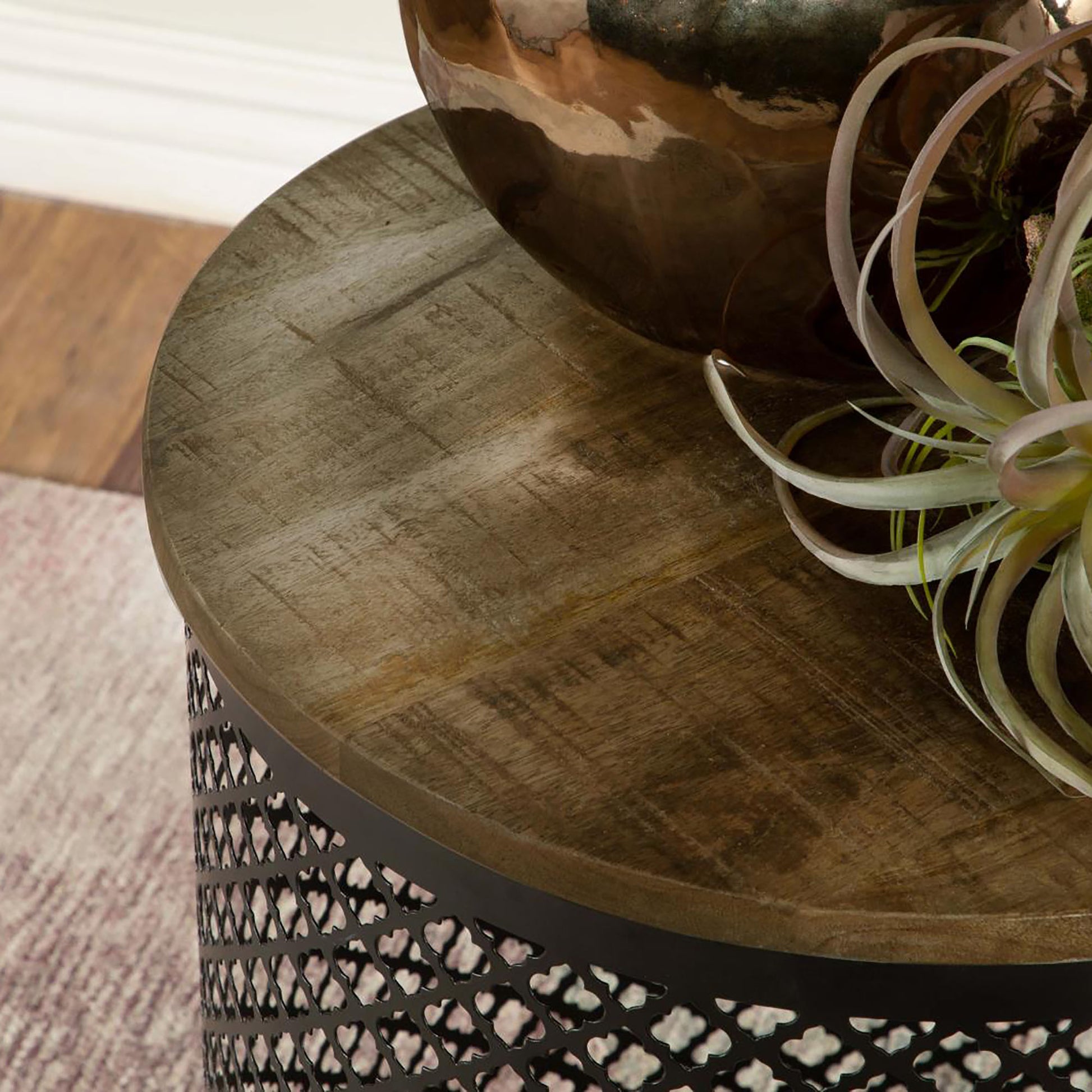 Natural And Black Drum Base Accent Table Brown Primary Living Space Industrial Tabeltop Mango Round Coffee & End Tables Wood