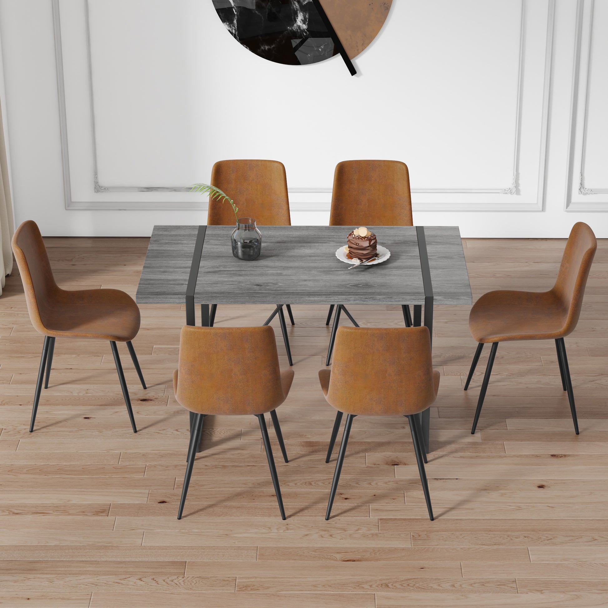 Industrial Rectangular Mdf Material Gray Dining Table With Texture, Equipped With A 1.57 Inch Thick Tabletop And Black Metal Legs, Used For Writing Desks, Kitchen Terraces, Dining Rooms 1529 Grey Mdf