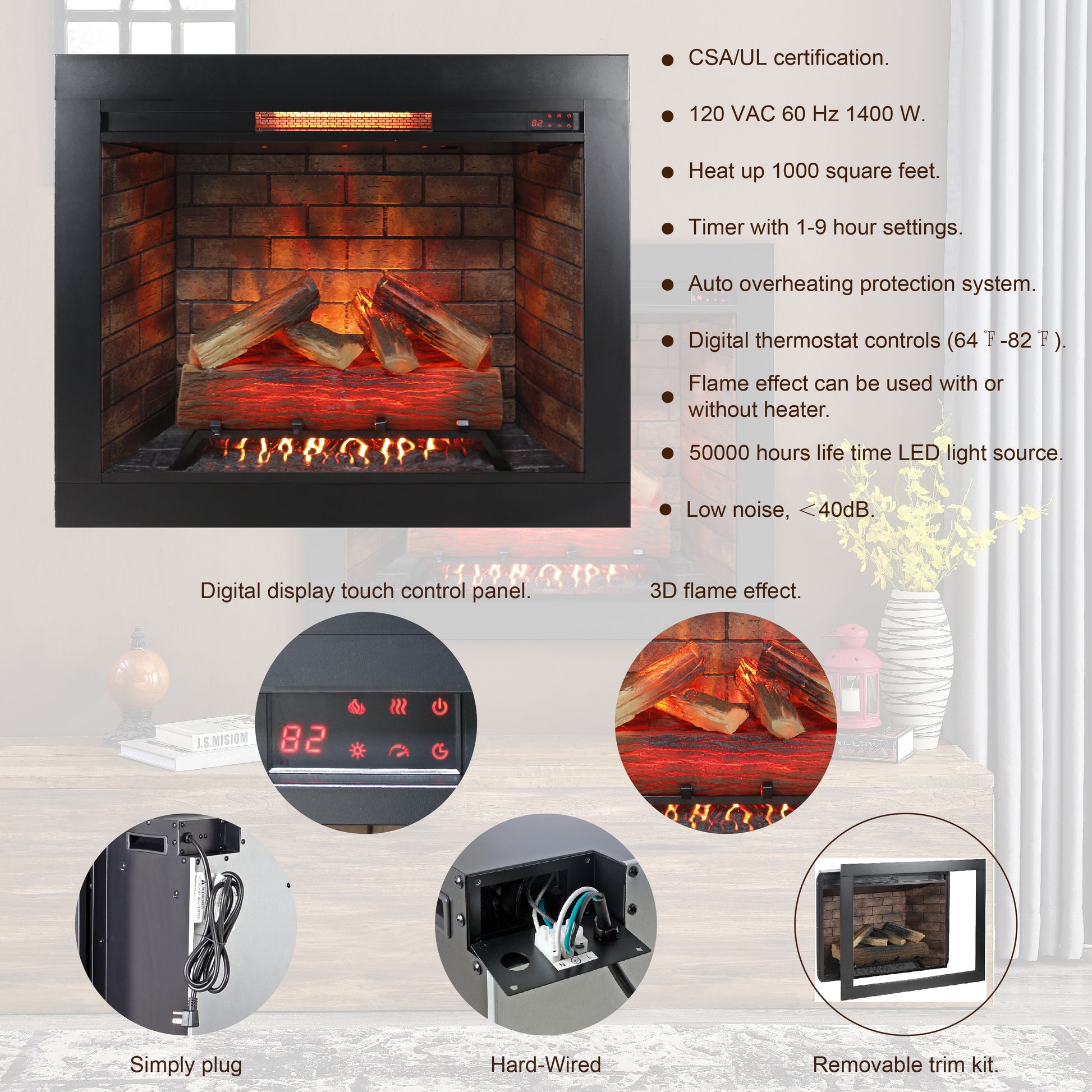 33 Inch Infrared Electric Fireplace Insert, Touch Panel Home Decor Heater, Smokeless Firebox With Trim Kit Powder Coated Electric Antique Black Vent Free Primary Living Space Yes Insert Tempered Glass Sheet Metal Plastic Electric