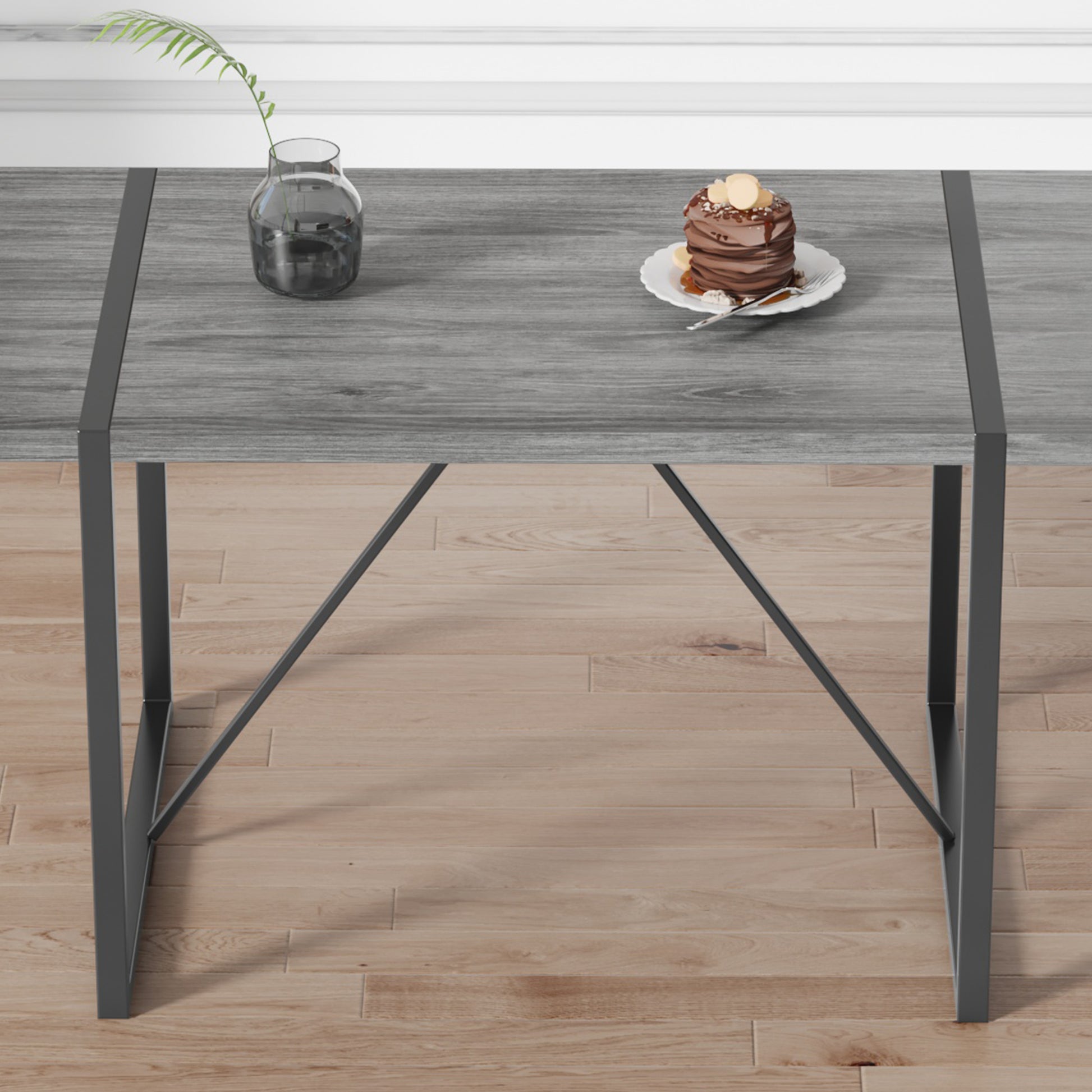 Industrial Rectangular Mdf Material Gray Dining Table With Texture, Equipped With A 1.57 Inch Thick Tabletop And Black Metal Legs, Used For Writing Desks, Kitchen Terraces, Dining Rooms 1529 Grey Mdf