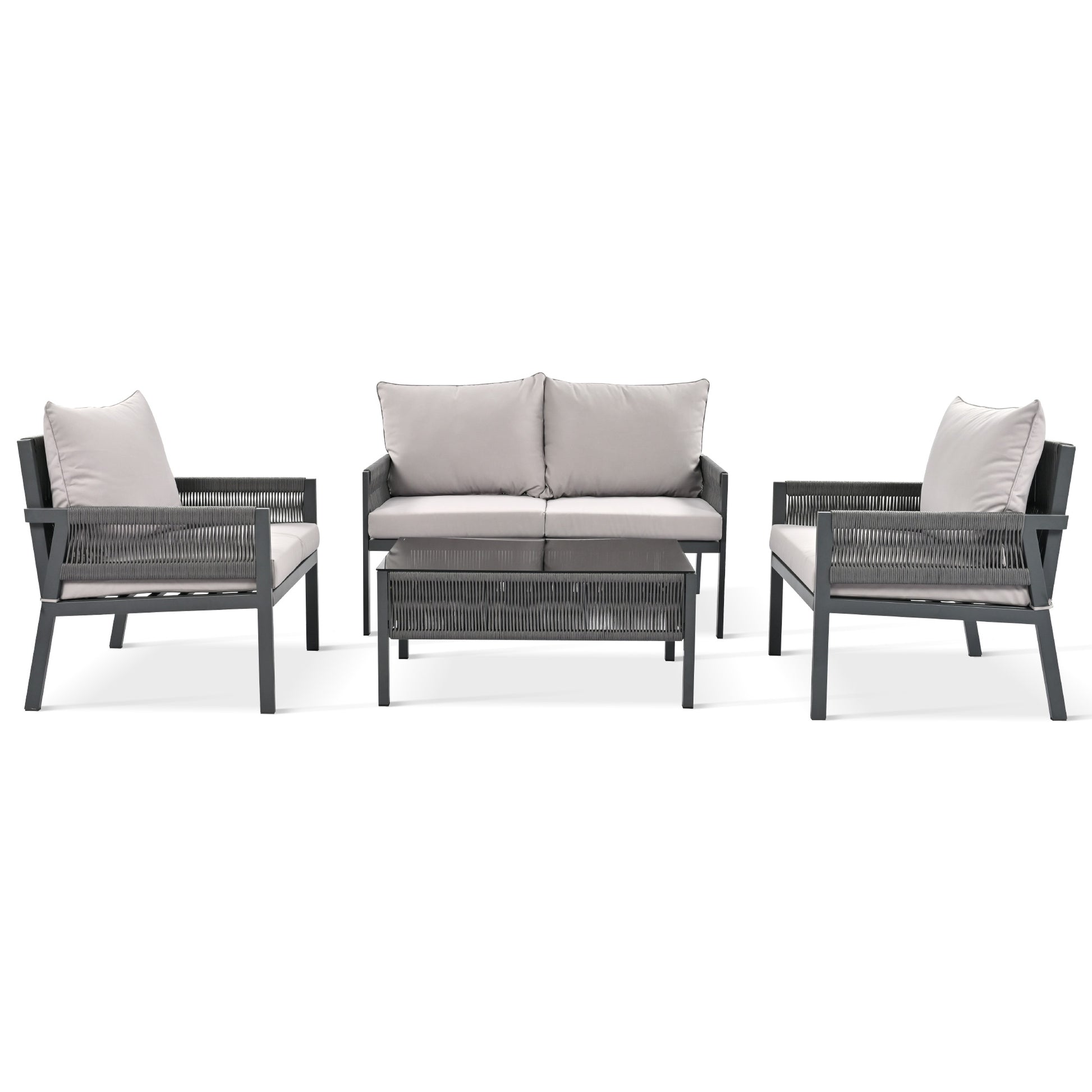 K&K 4 Piece Rope Patio Furniture Set, Outdoor Furniture With Tempered Glass Table, Patio Conversation Set Deep Seating With Thick Cushion For Backyard Porch Balcony Grey Yes Complete Patio Set Grey Weather Resistant Frame Fade Resistant Cushion Garden &