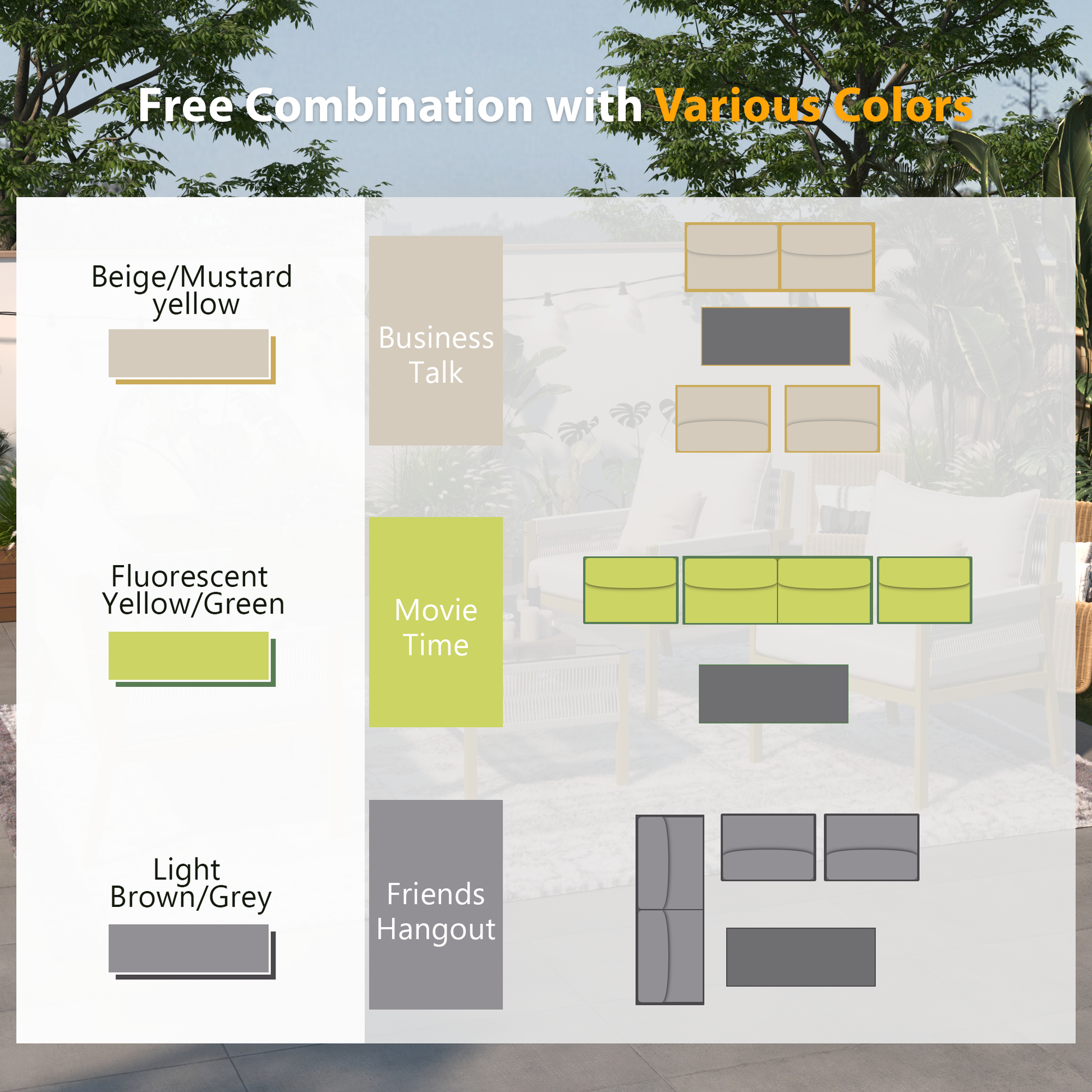 K&K 4 Piece Rope Patio Furniture Set, Outdoor Furniture With Tempered Glass Table, Patio Conversation Set Deep Seating With Thick Cushion For Backyard Porch Balcony Beige&Mustard Yellow Yes Complete Patio Set Beige Yellow Weather Resistant Frame Fade