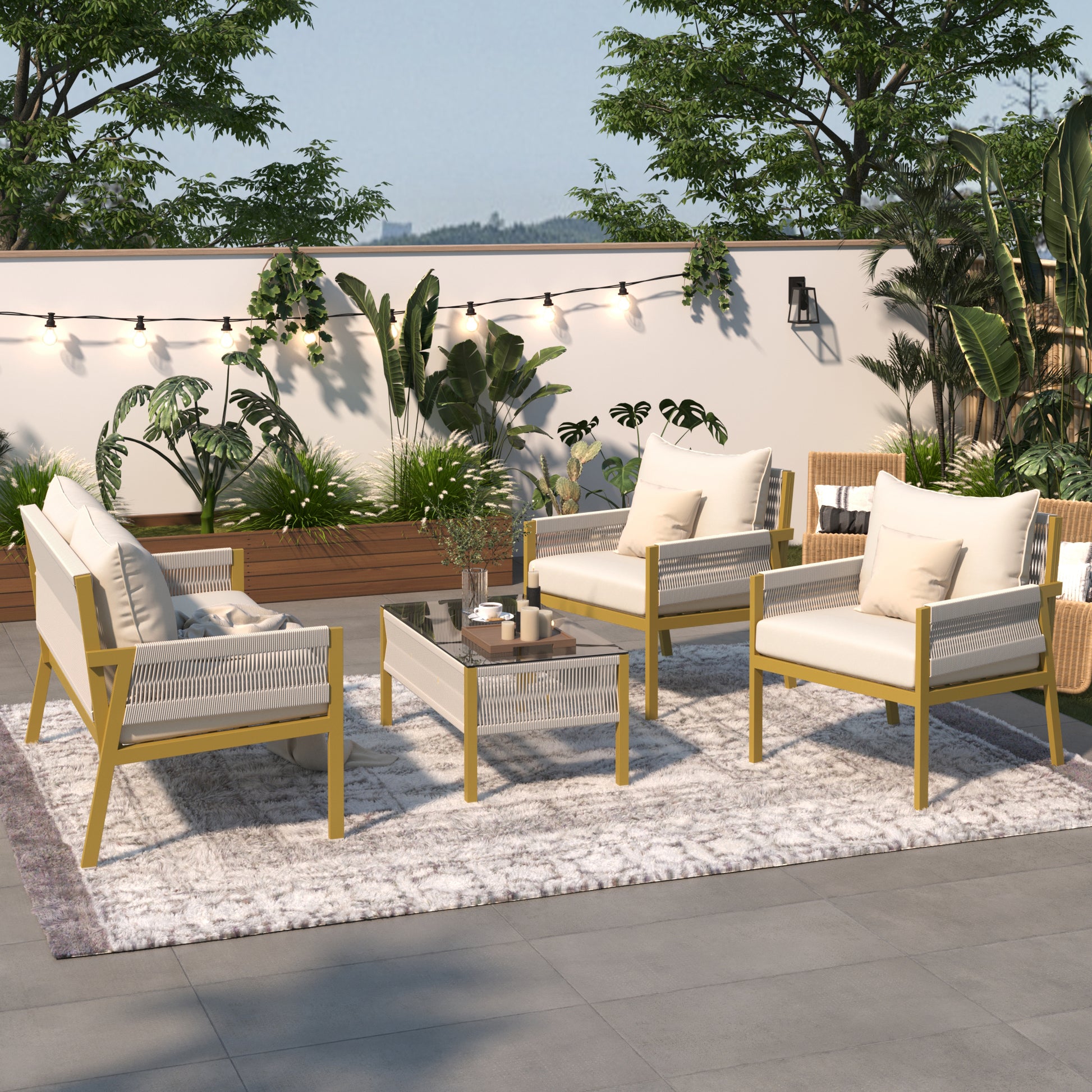 K&K 4 Piece Rope Patio Furniture Set, Outdoor Furniture With Tempered Glass Table, Patio Conversation Set Deep Seating With Thick Cushion For Backyard Porch Balcony Beige&Mustard Yellow Yes Complete Patio Set Beige Yellow Weather Resistant Frame Fade