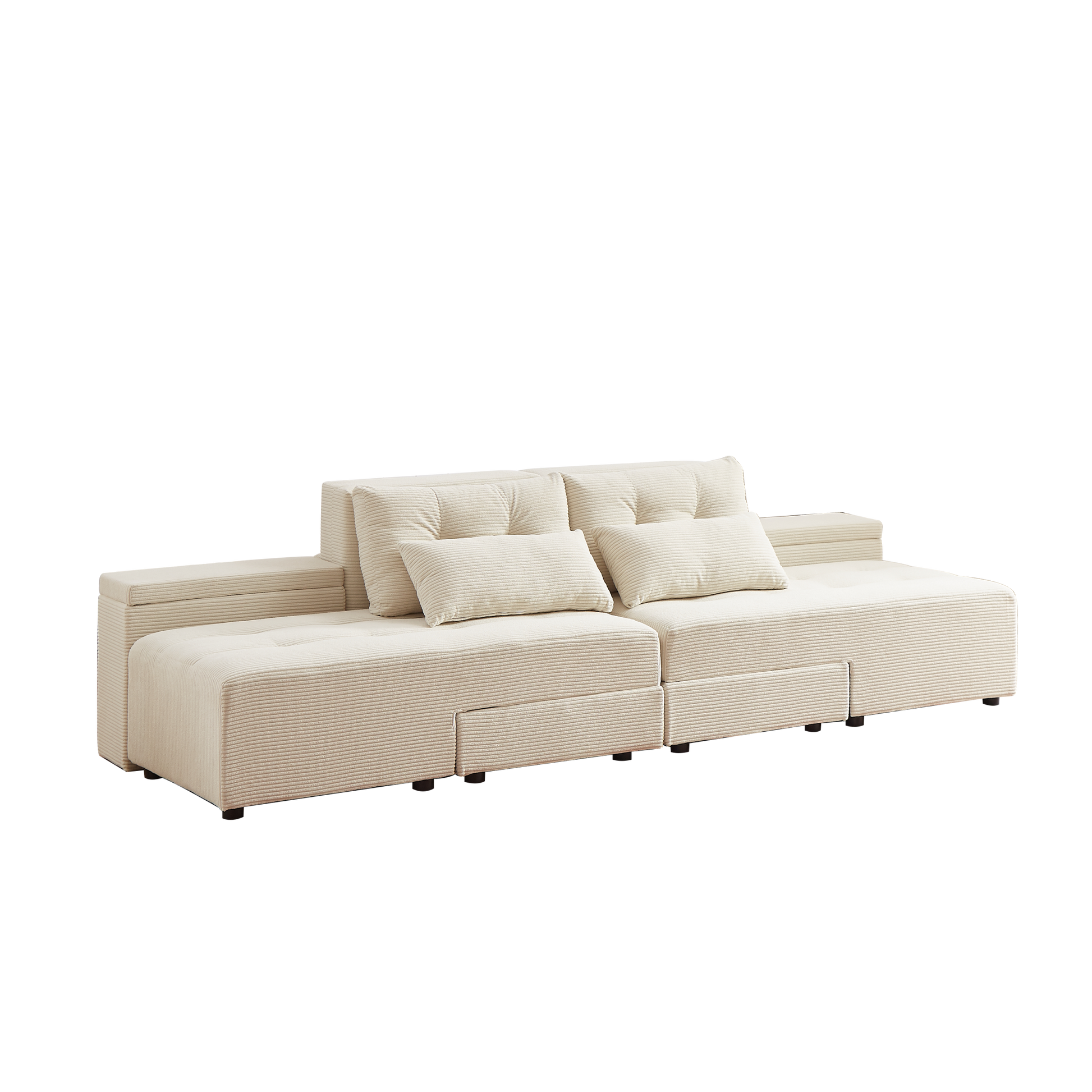 Convertible 3 In 1 Sleeper Sofa And Sectional Sofa With 4 Storage Space For Living Room,Corduroy Couch With 4 Pillows,Corduroy Beige Corduroy 3 Seat