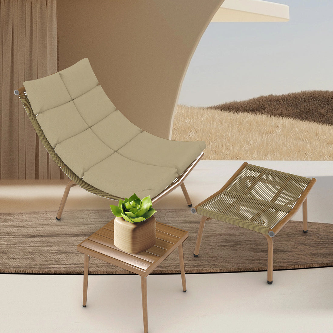 Chaise Lounge Chair With Table For Outdoor Indoor Wood Color Alloy Frame 380Lbs Capacity With Cushion Recliner For Camping Gaming Lunch Break Garden Party Sunbathing Wood Iron