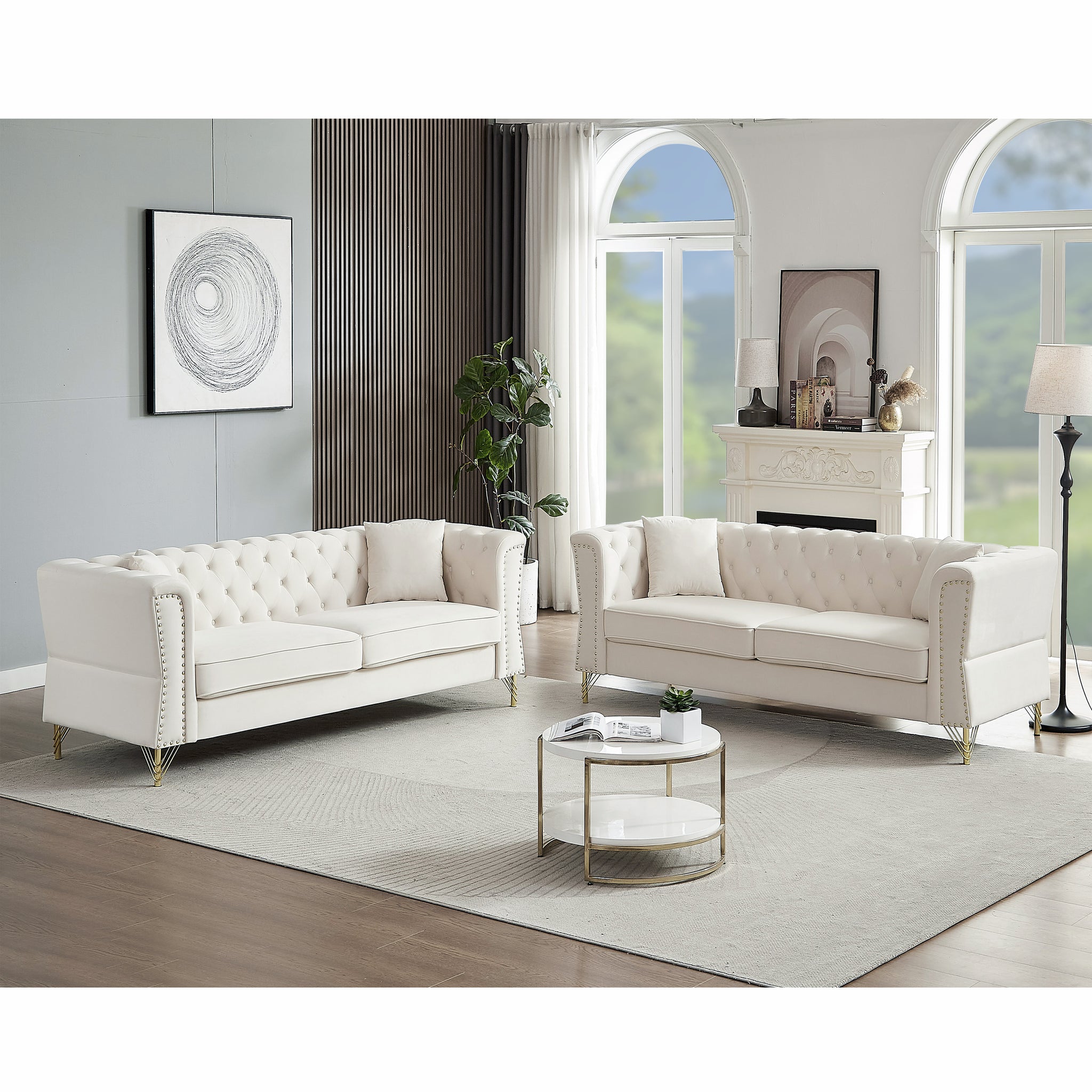 3 Seater 3 Seater Combination Sofa Tufted Couch With Rolled Arms And For Living Room, Bedroom, Office, Apartment, Four Pillows Beige Foam Velvet