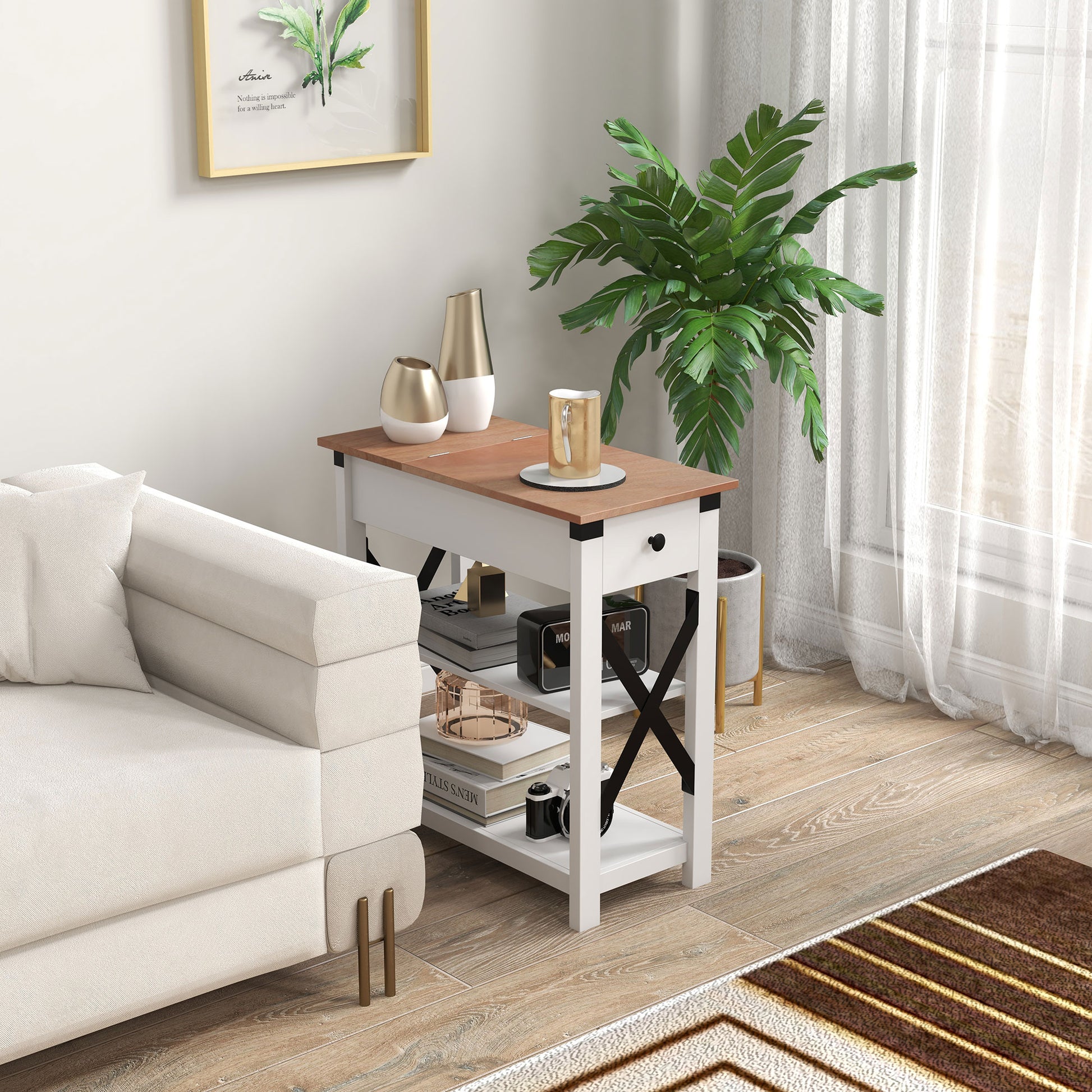Homcom Side Table With Charging Station, End Table With 2 Usb Ports And 1 Outlet, Storage Shelves For Living Room, White White Mdf