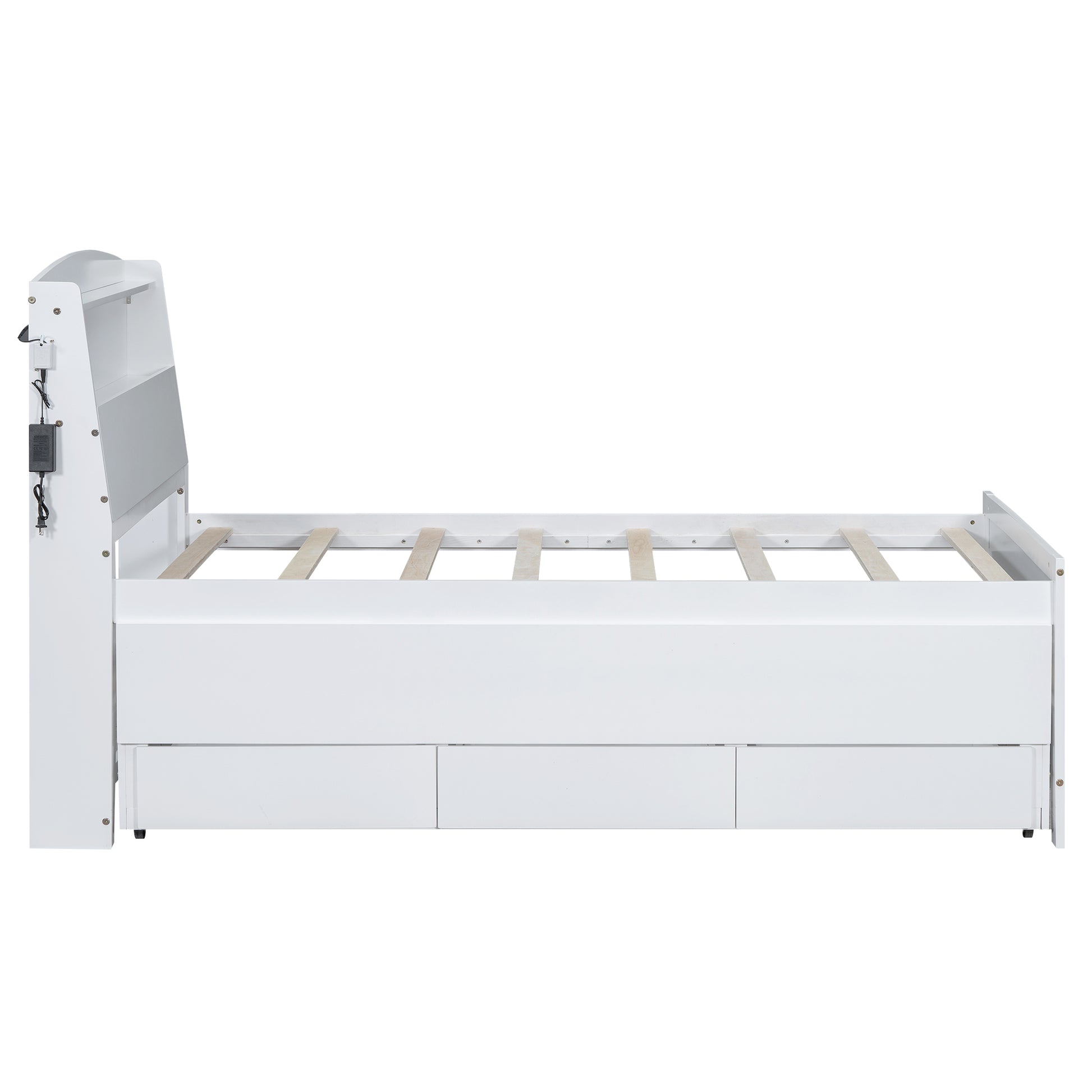 Twin Size Platform Bed With Storage Led Headboard, Twin Size Trundle And 3 Drawers, White Box Spring Not Required Twin White Bedroom Bed Frame Solid Wood Mdf