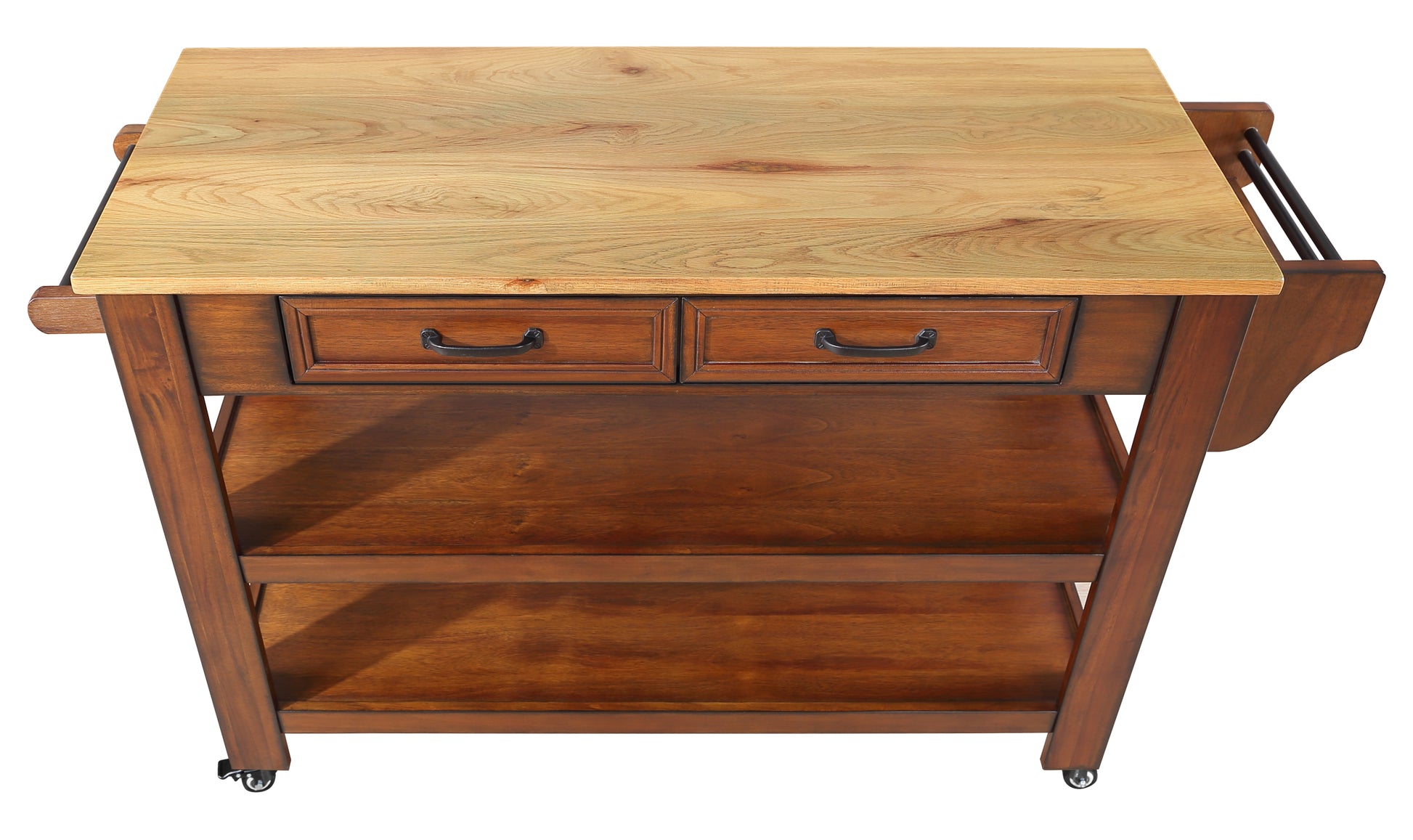 57 Inch Rolling Kitchen Island With Storage,Kitchen Cart With Solid Oak Wood Top,Two Sided Kitchen Island Cart On Wheels ,Wine And Spice Rack, Large Kitchen Cart With 2 Drawers, Walnut Natural Top Walnut American Design Rectangular Kitchen Carts Solid
