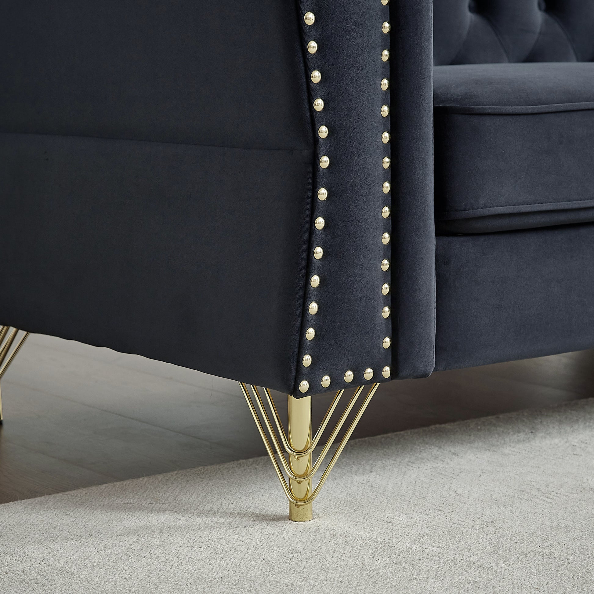 3 Seater 2 Seater Combination Sofa Tufted Couch With Rolled Arms And For Living Room, Bedroom, Office, Apartment, Four Pillows Black Foam Velvet