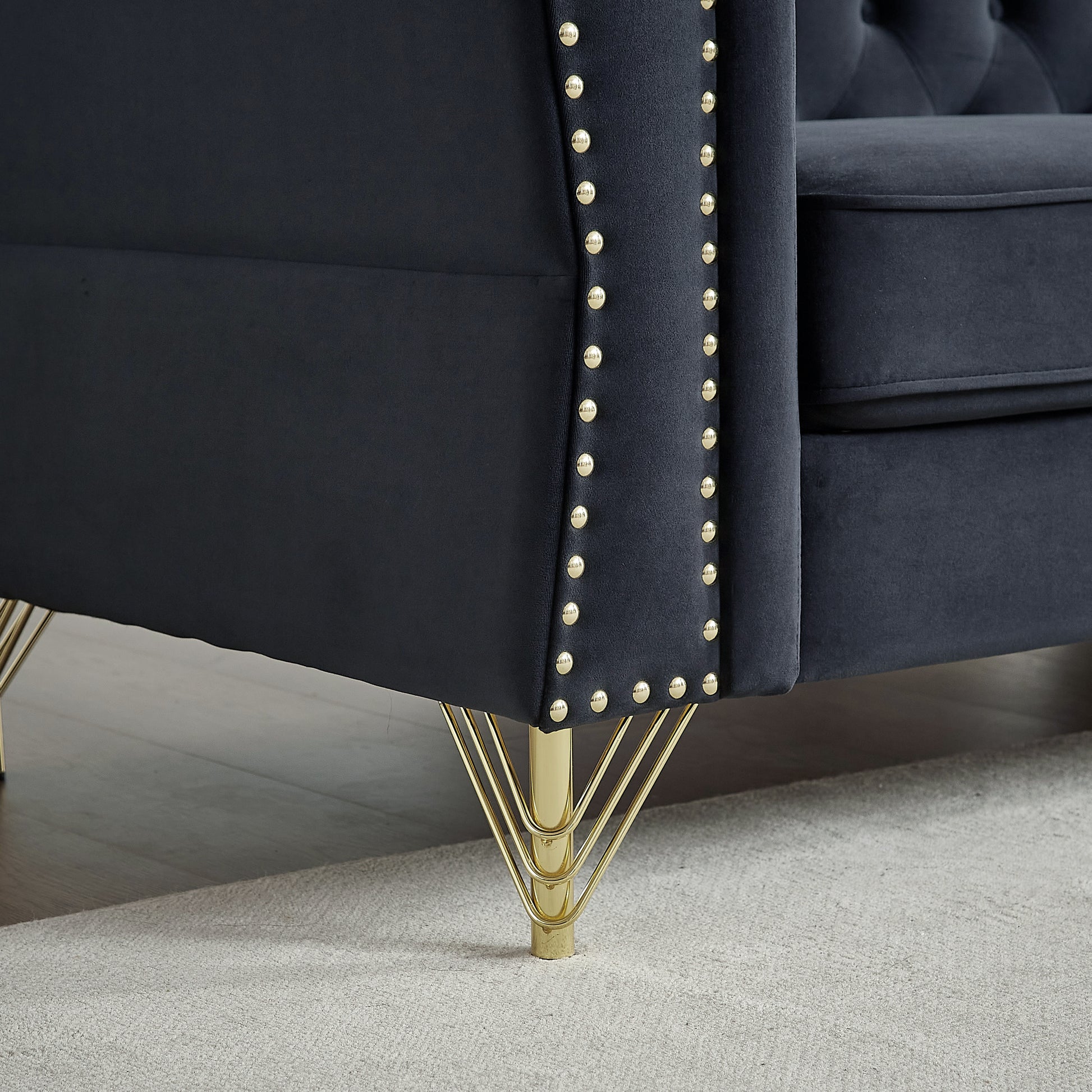 3 Seater 3 Seater Combination Sofa Tufted Couch With Rolled Arms And For Living Room, Bedroom, Office, Apartment, Four Pillows Black Foam Velvet