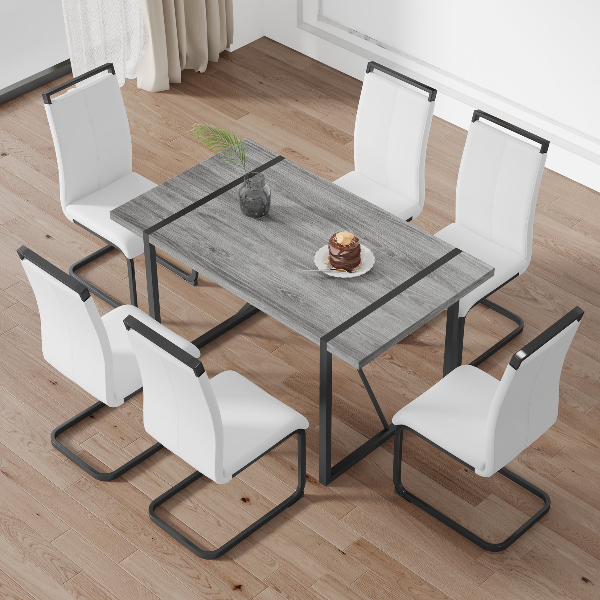 Industrial Rectangular Mdf Material Gray Dining Table With Texture, Equipped With A 1.57 Inch Thick Tabletop And Black Metal Legs, Used For Writing Desks, Kitchen Terraces, Dining Rooms 1529 Grey Mdf