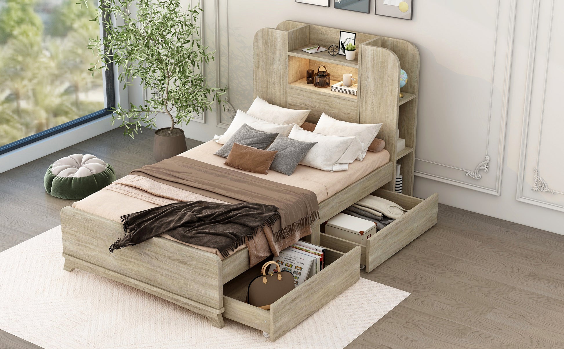 Twin Size Storage Platform Bed Frame With With Two Drawers And Light Strip Design In Headboard,Oak Twin Natural Solid Wood Mdf